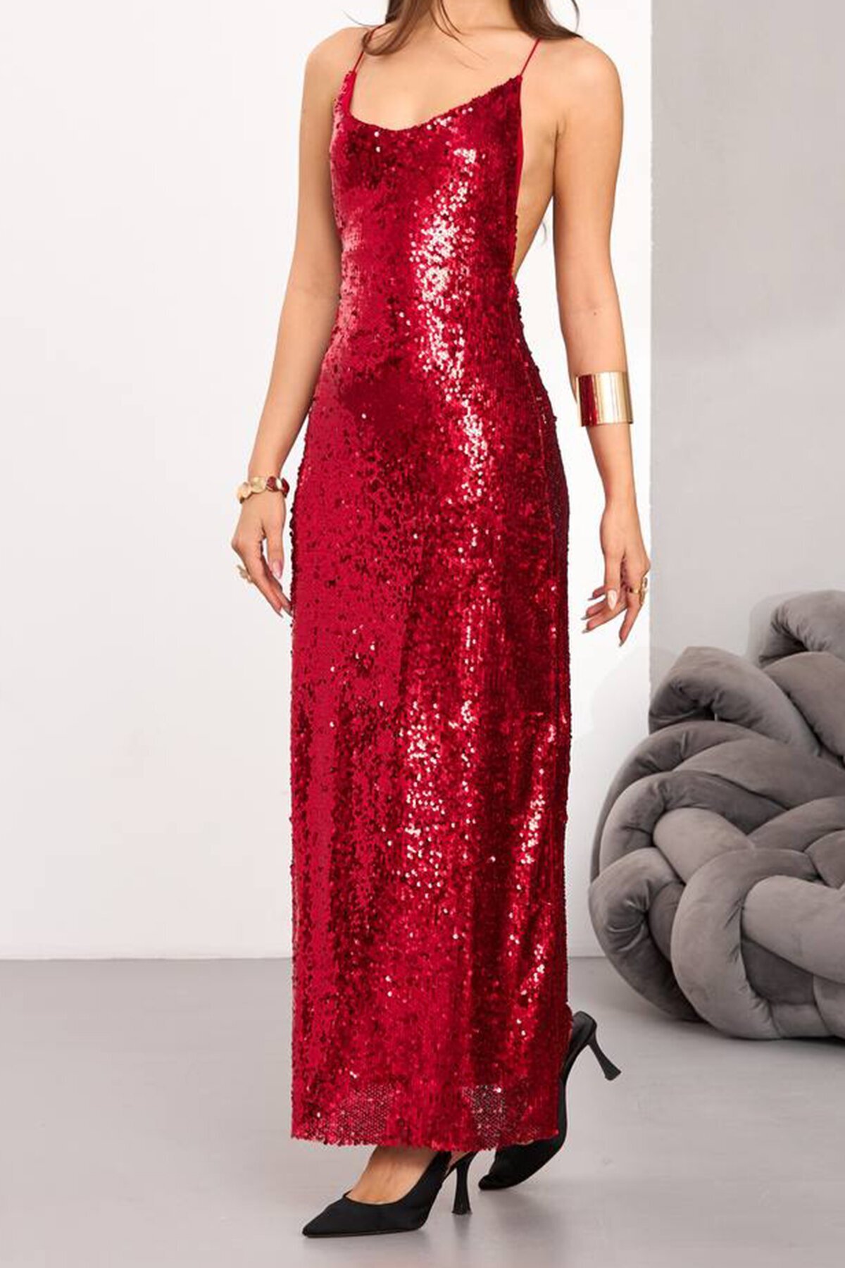 İp Askılı Sırt Dekolteli Payetli Midi Boy Etek