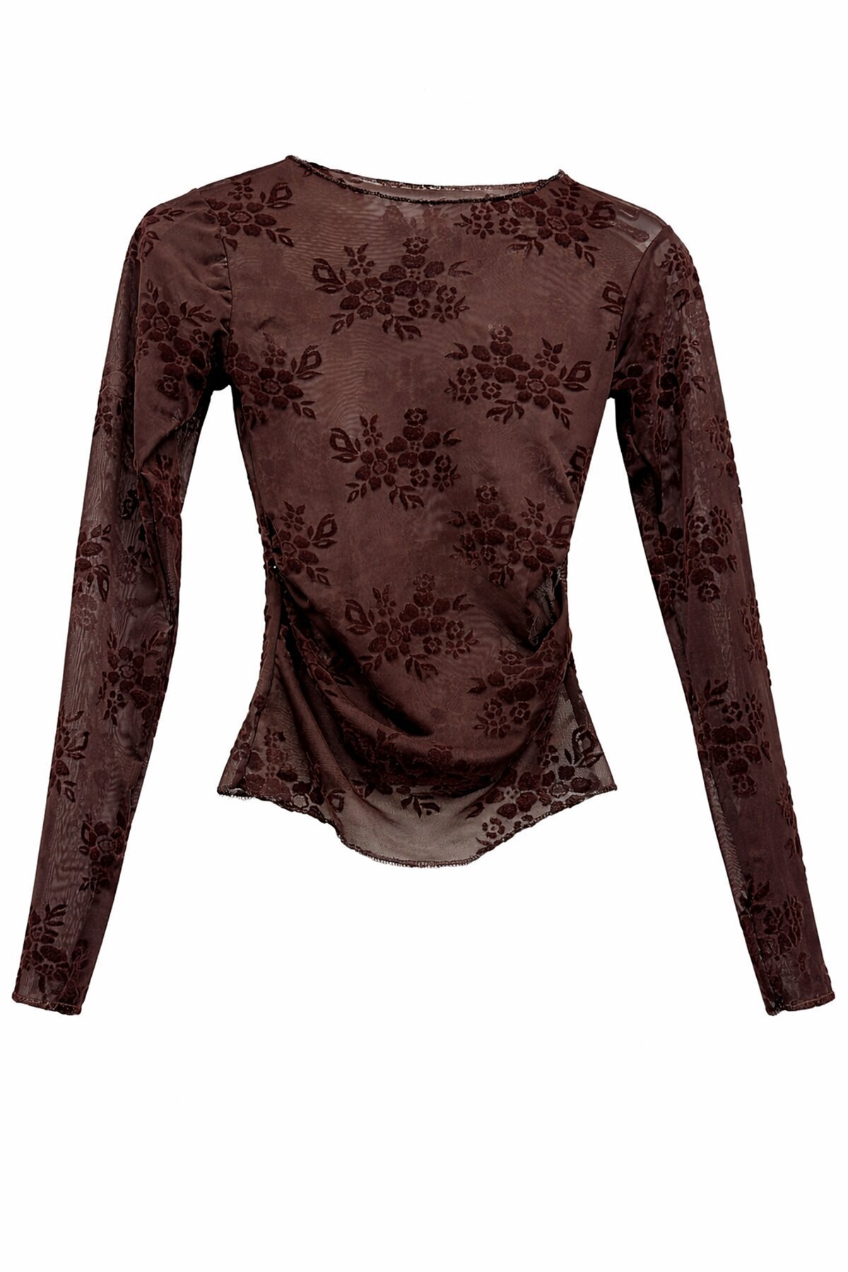 Kahverengi Transparan İşlemeli Bluz