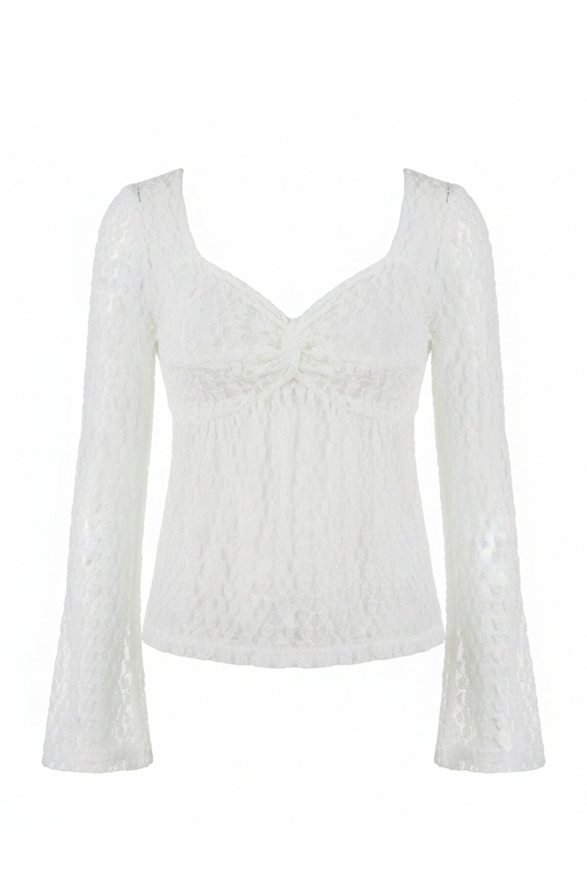 Kalp Yaka Kabartma Dantelli Bluz