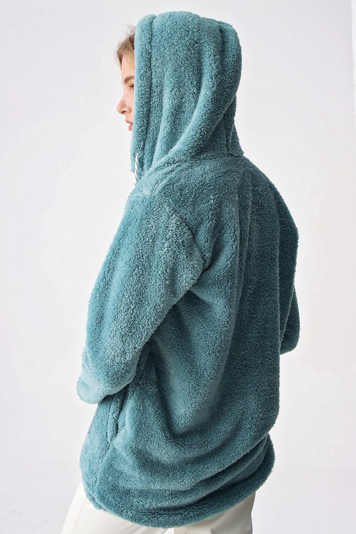 Kapüşonlu Çift Cep Peluş Ceket