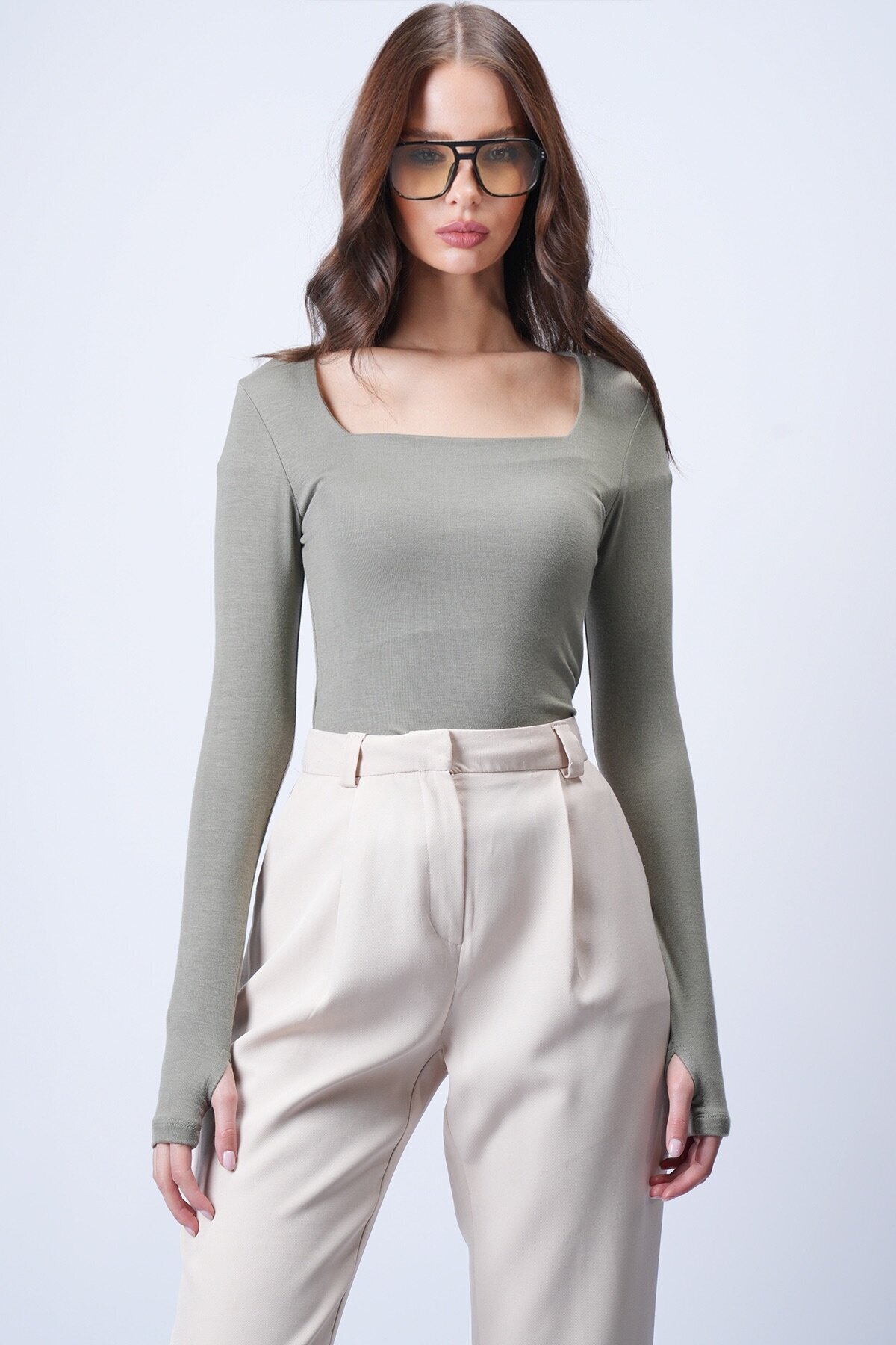 Çağla Yeşili Kare Yaka Bluz