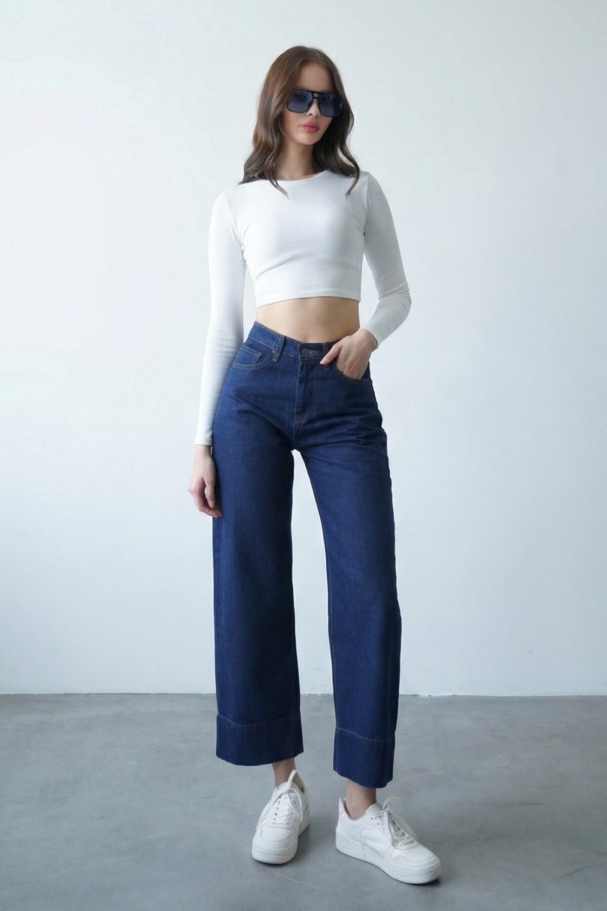 Koyu Mavi Kat Paça Jean Pantolon