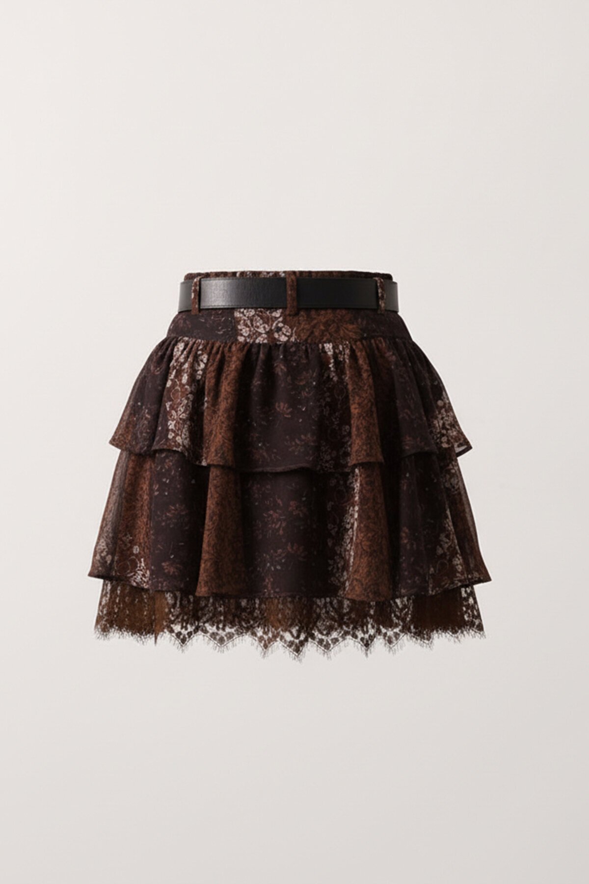 Katlı Dantel Detaylı Kemerli Mini Etek