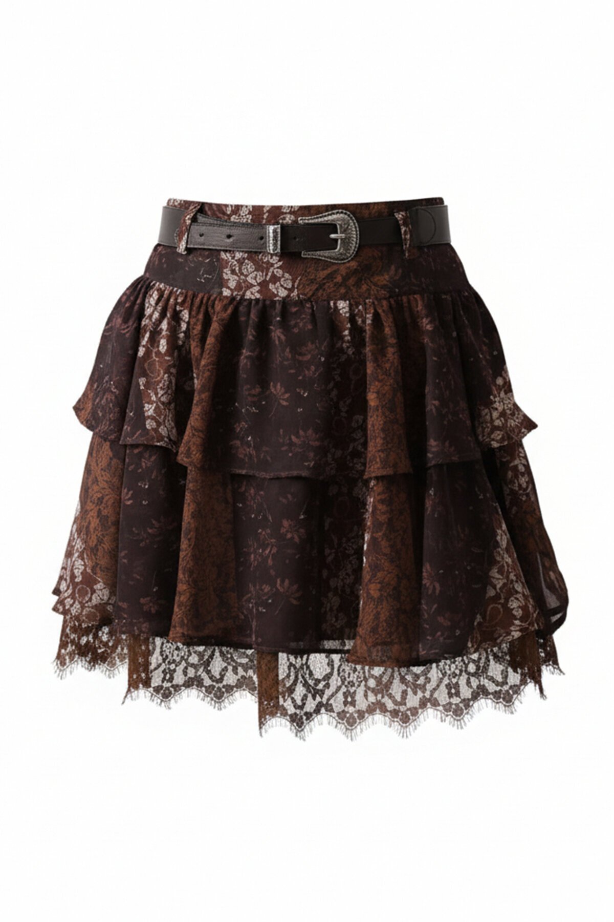 Katlı Dantel Detaylı Kemerli Mini Etek