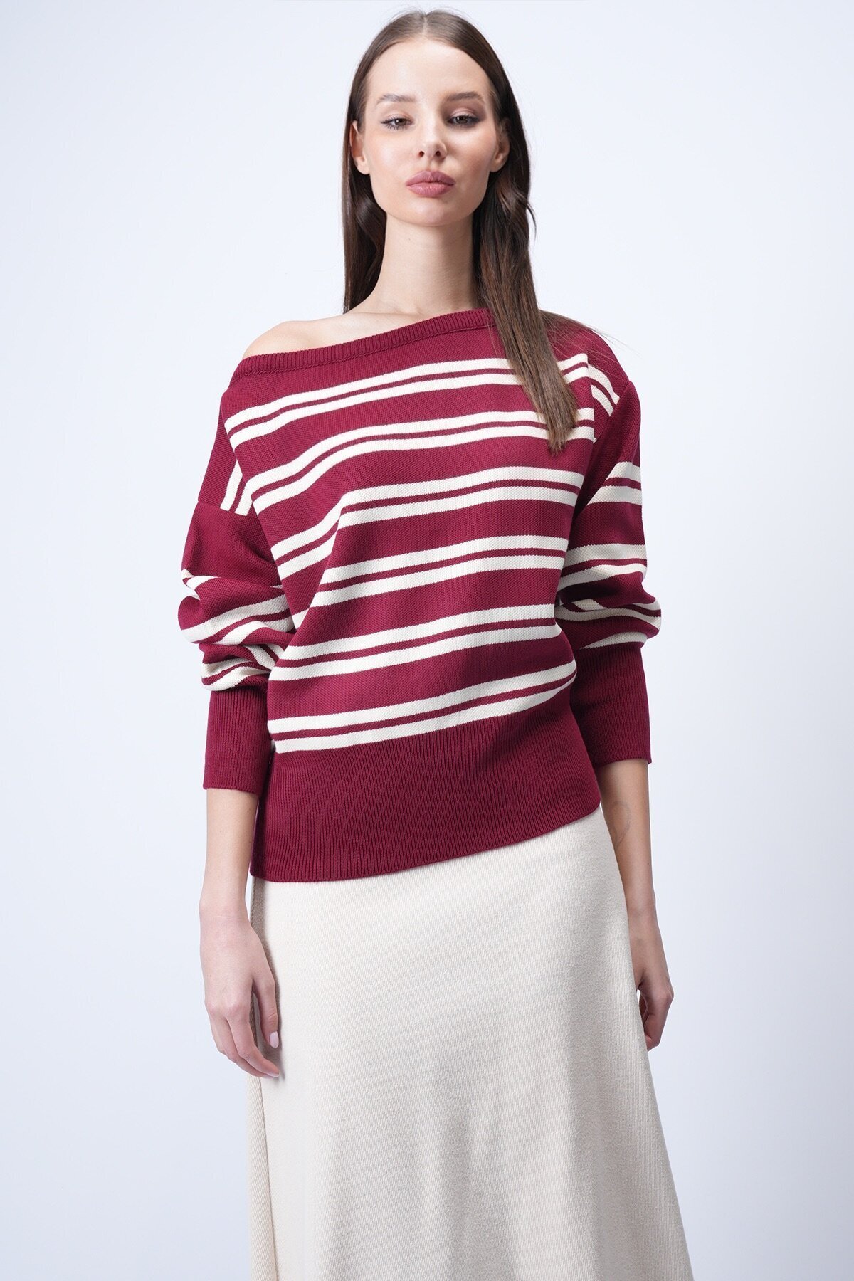 Bordo Kayık Yaka Çizgili Triko