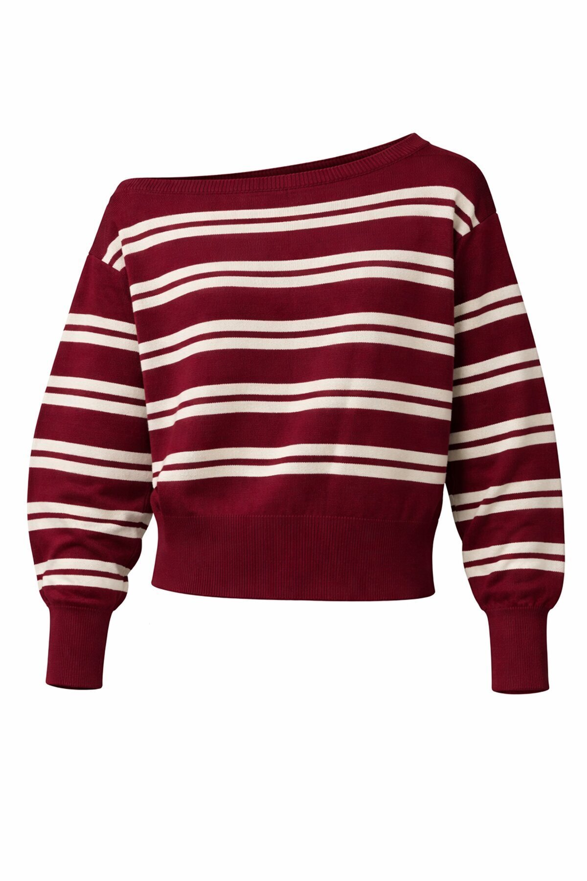Bordo Kayık Yaka Çizgili Triko