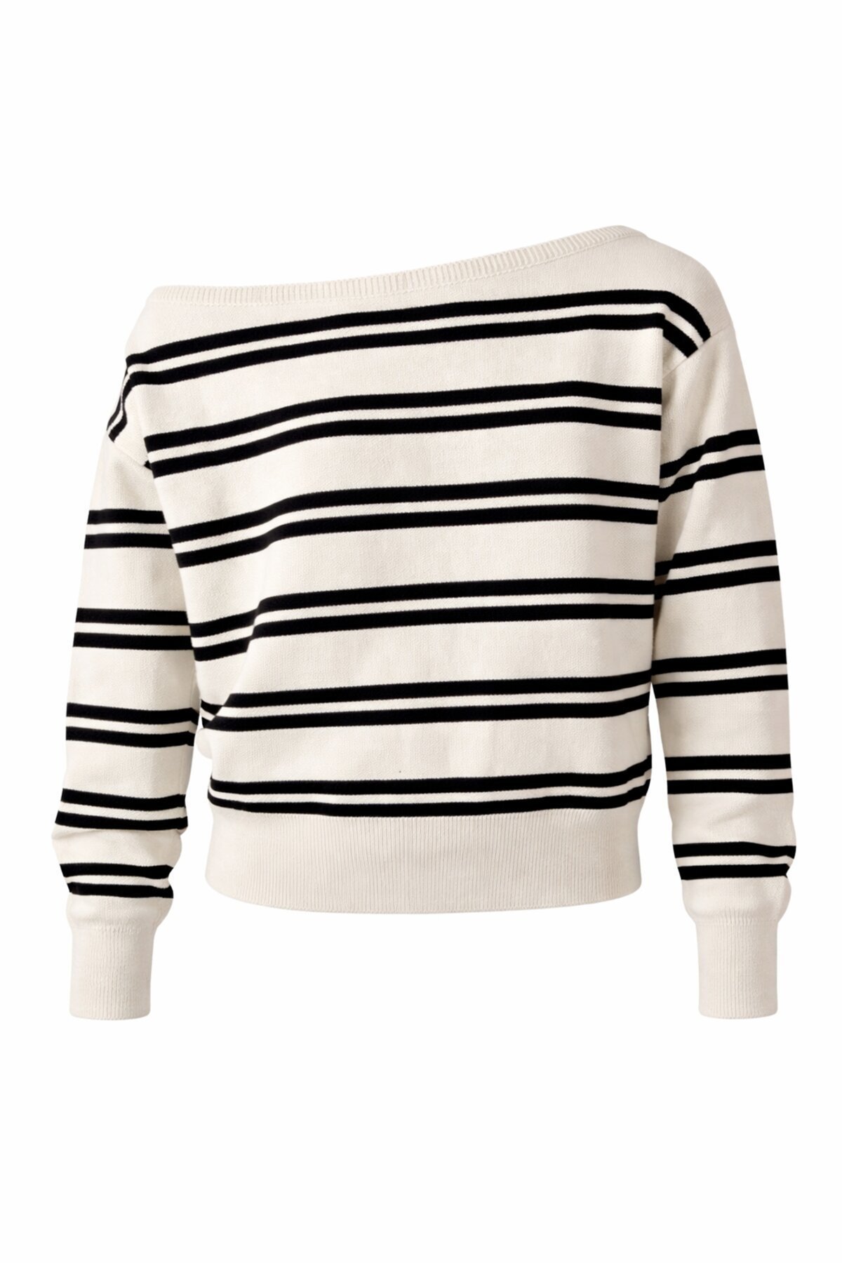 Ekru Kayık Yaka Çizgili Triko