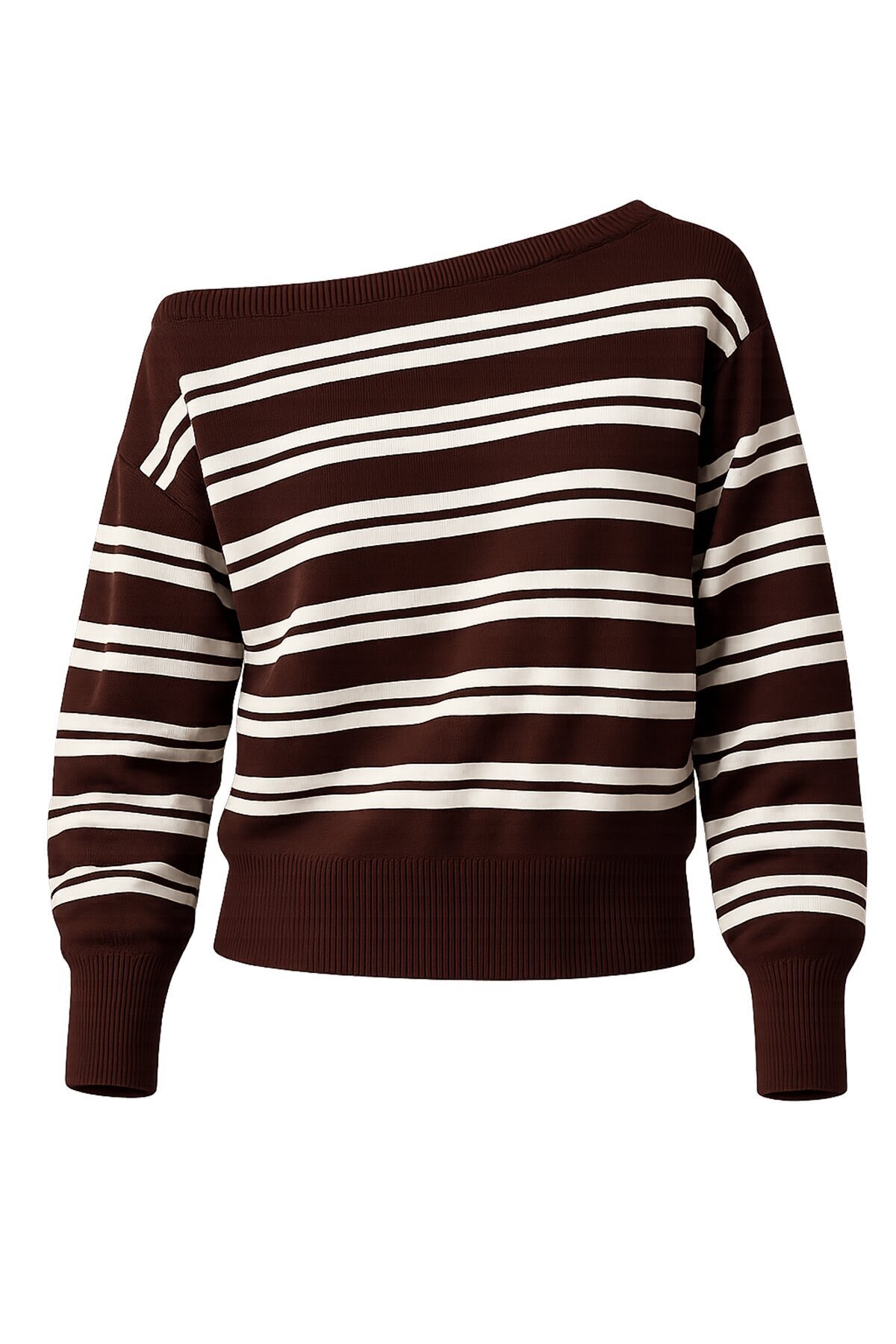 Kahverengi Kayık Yaka Çizgili Triko