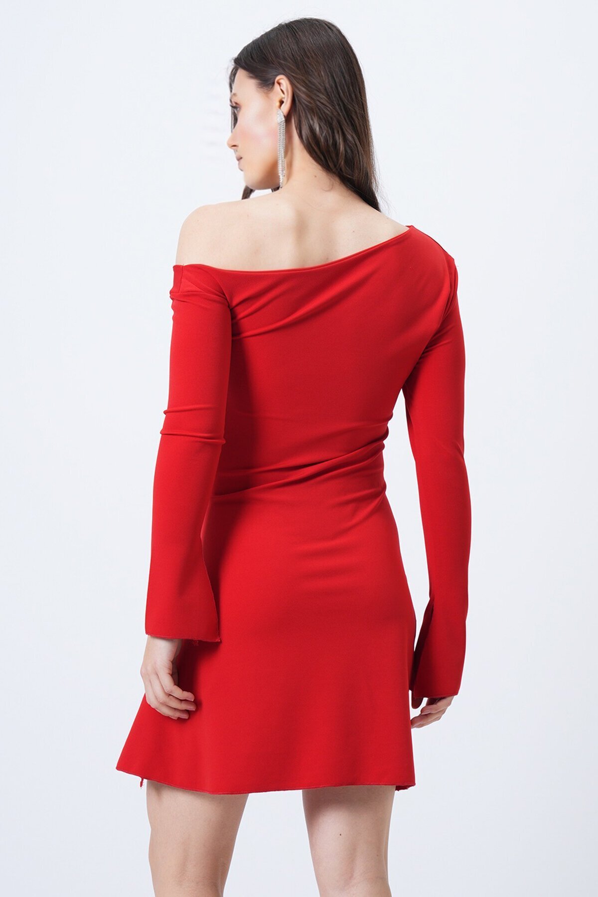 Kayık Yaka Drapeli Mini Elbise