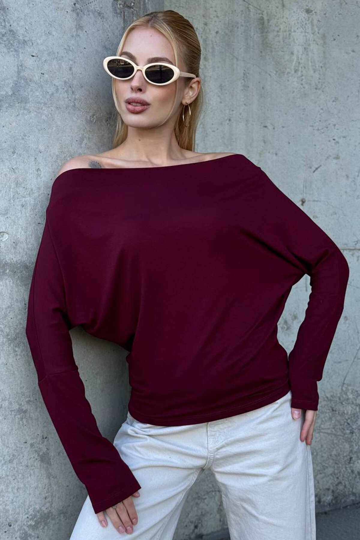 Kayık Yaka Uzun Kollu Basic Bluz