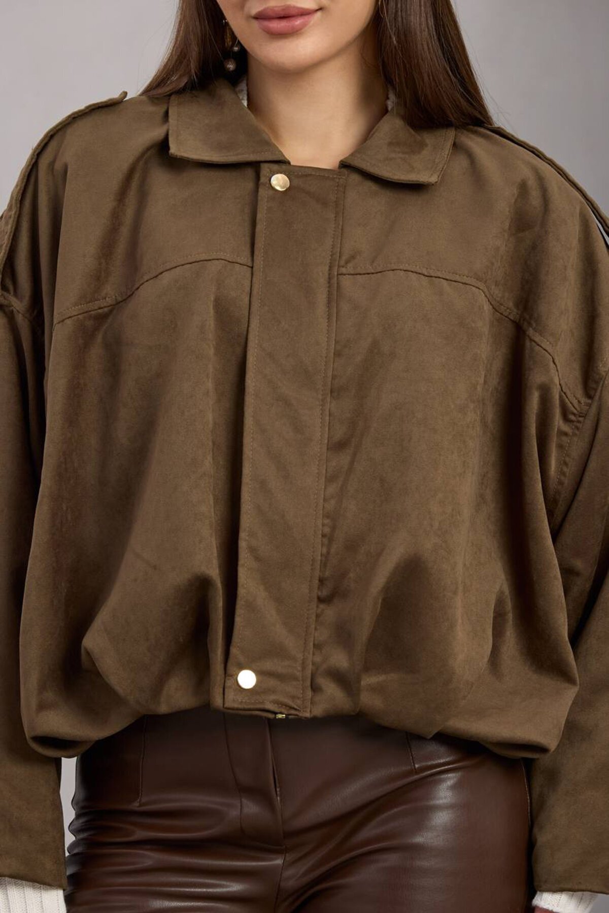 Kemer Detaylı Fermuar Kapamalı Astarlı Bomber Süet Ceket