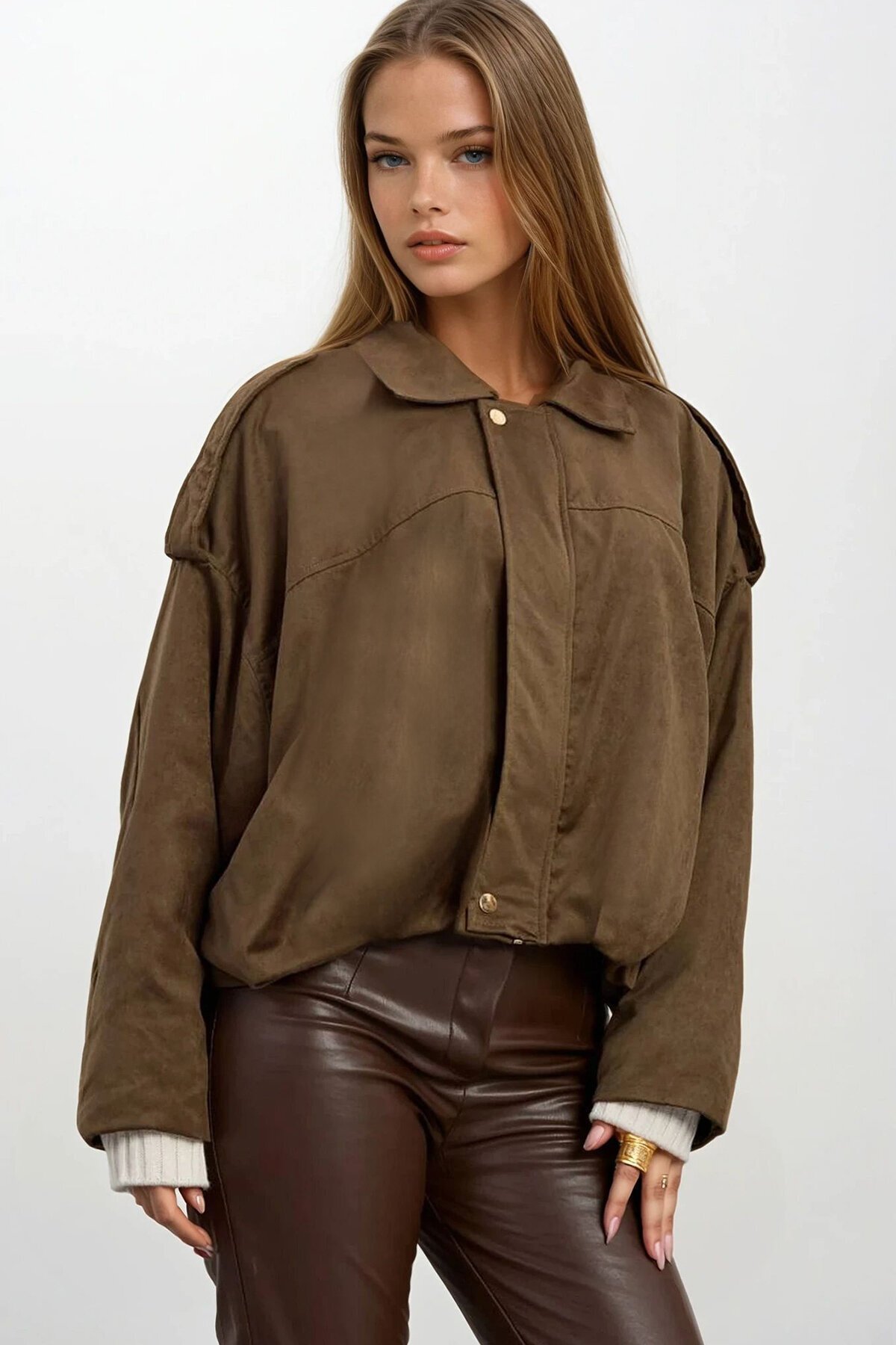 Kemer Detaylı Fermuar Kapamalı Astarlı Bomber Süet Ceket