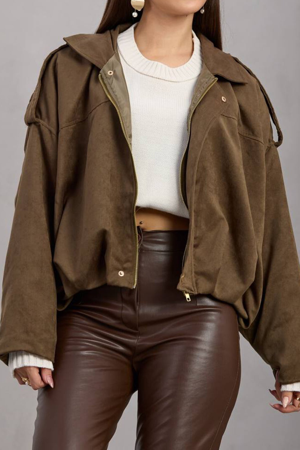 Kemer Detaylı Fermuar Kapamalı Astarlı Bomber Süet Ceket