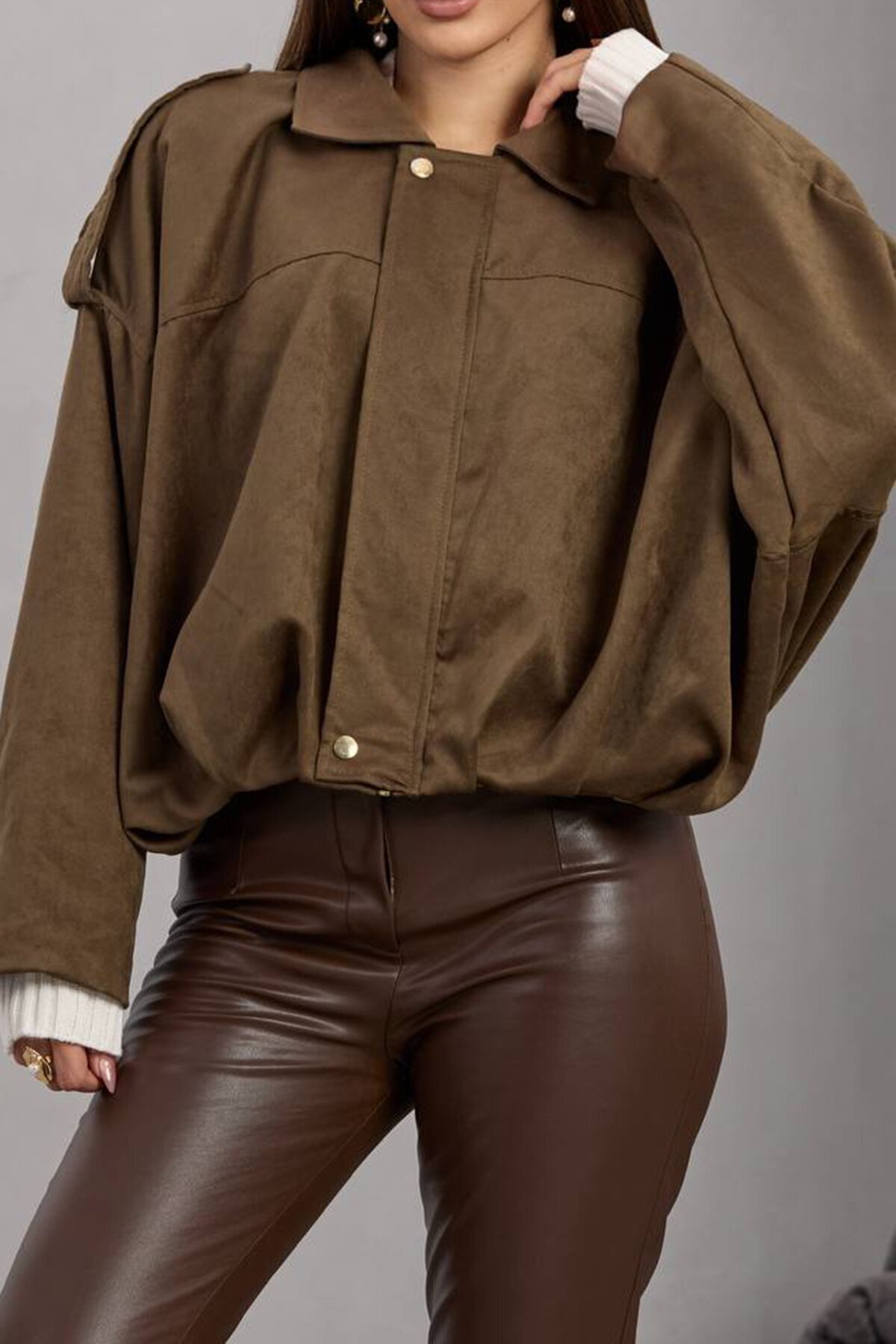 Kemer Detaylı Fermuar Kapamalı Astarlı Bomber Süet Ceket