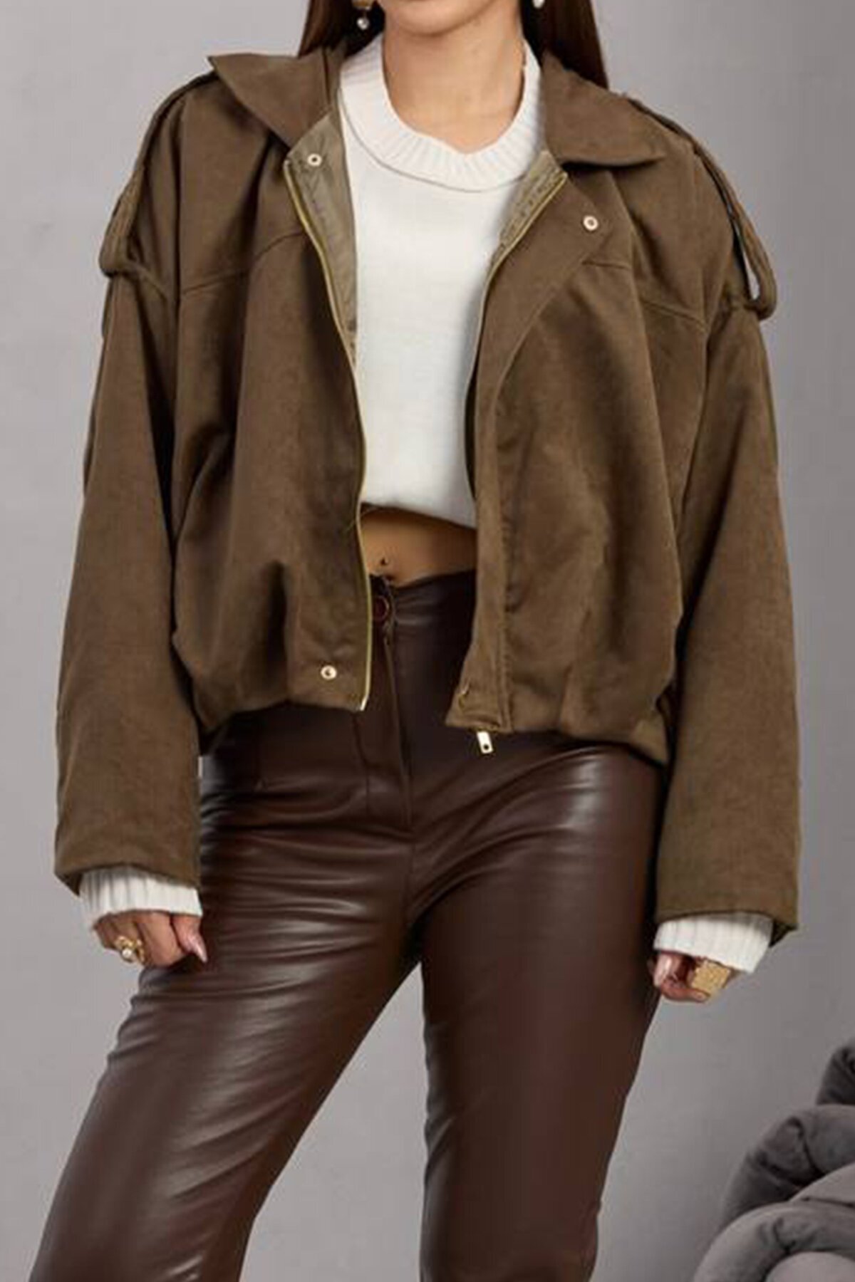 Kemer Detaylı Fermuar Kapamalı Astarlı Bomber Süet Ceket