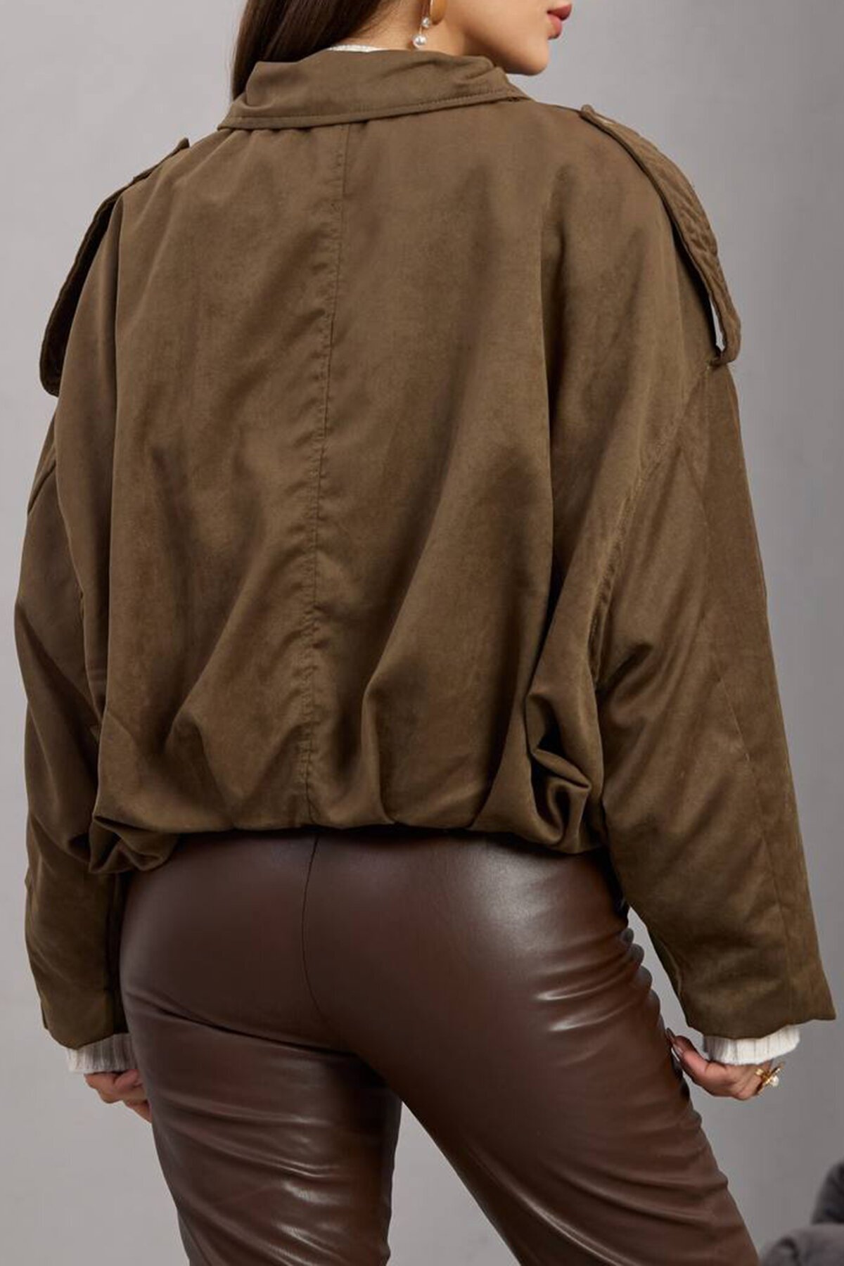 Kemer Detaylı Fermuar Kapamalı Astarlı Bomber Süet Ceket