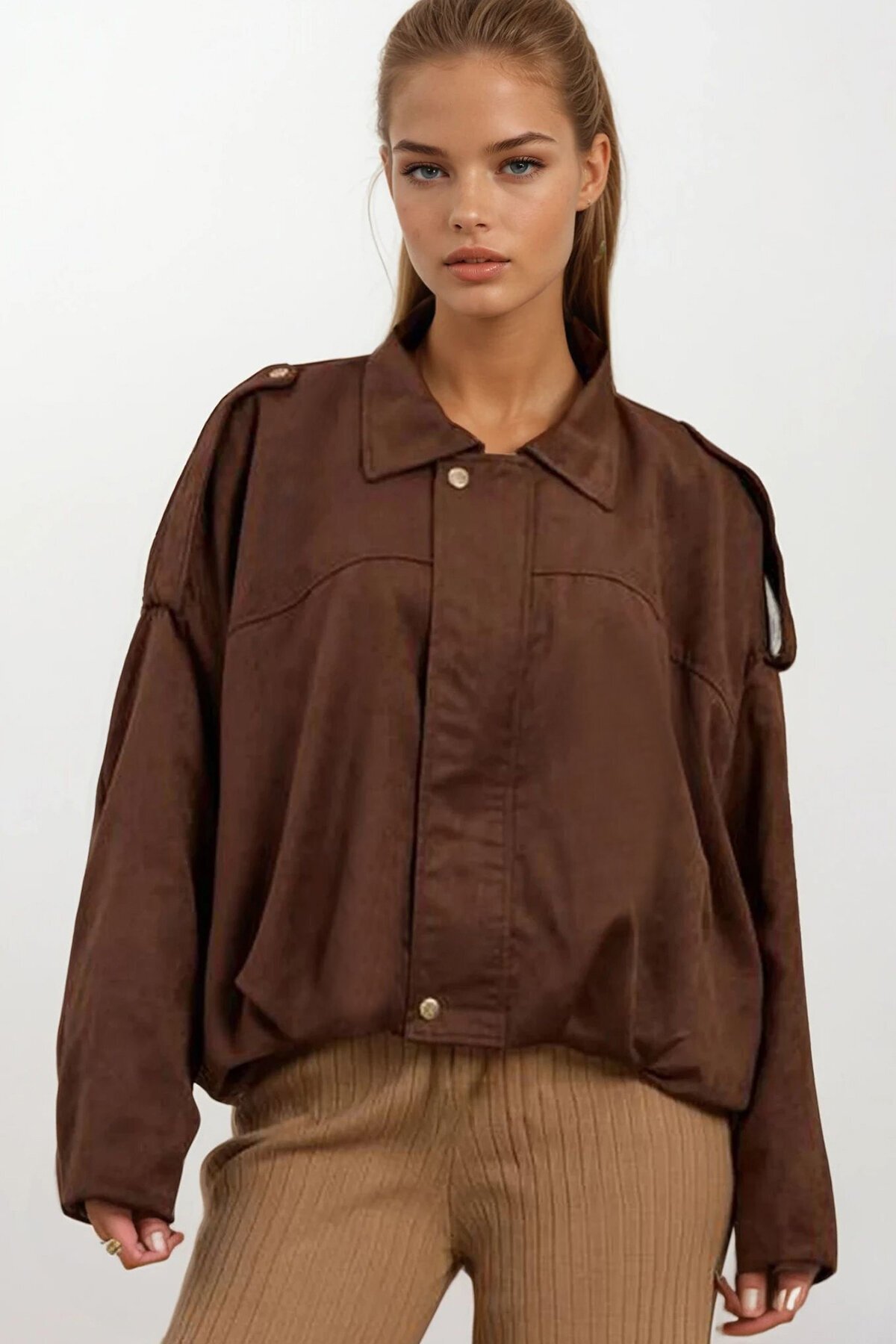 Kemer Detaylı Fermuar Kapamalı Astarlı Bomber Süet Ceket