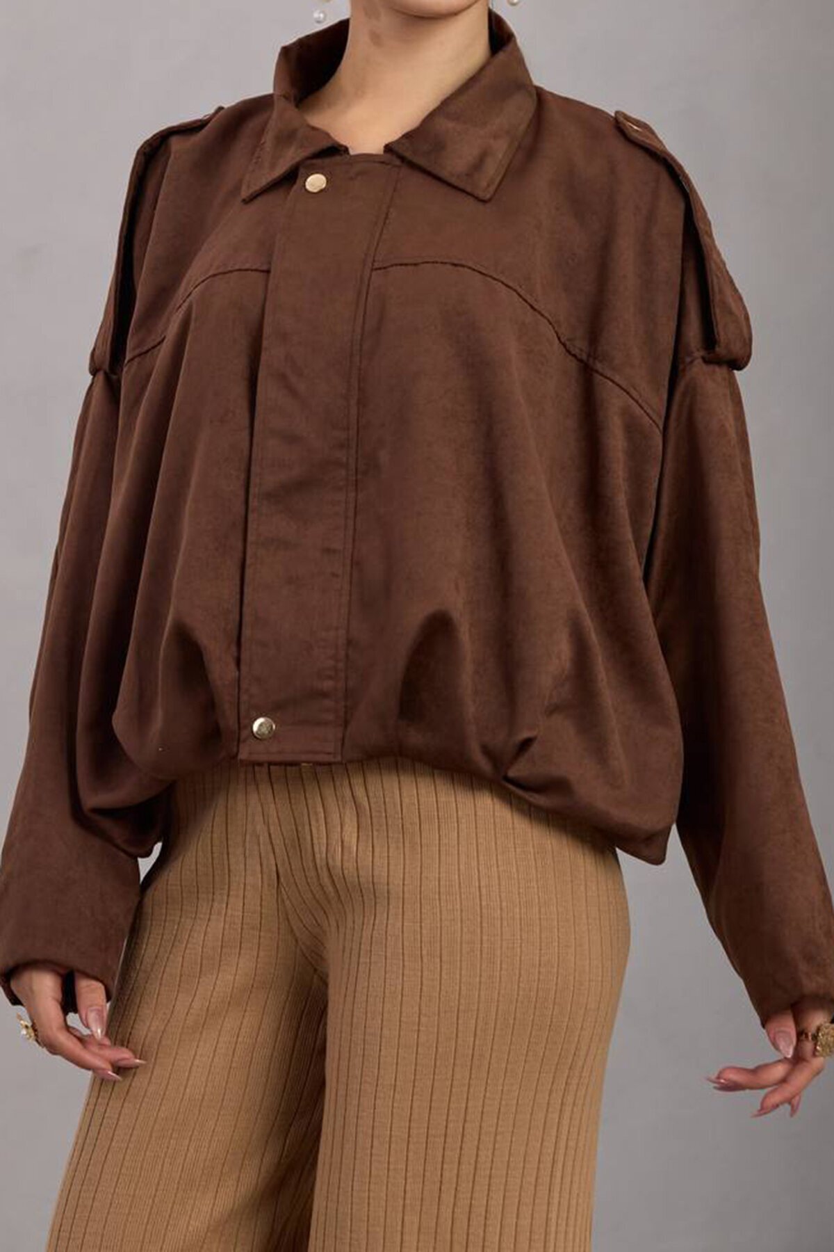 Kemer Detaylı Fermuar Kapamalı Astarlı Bomber Süet Ceket