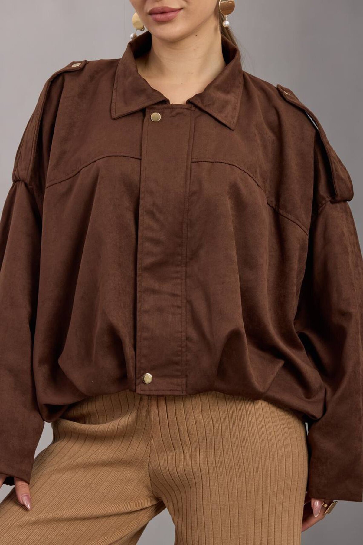 Kemer Detaylı Fermuar Kapamalı Astarlı Bomber Süet Ceket