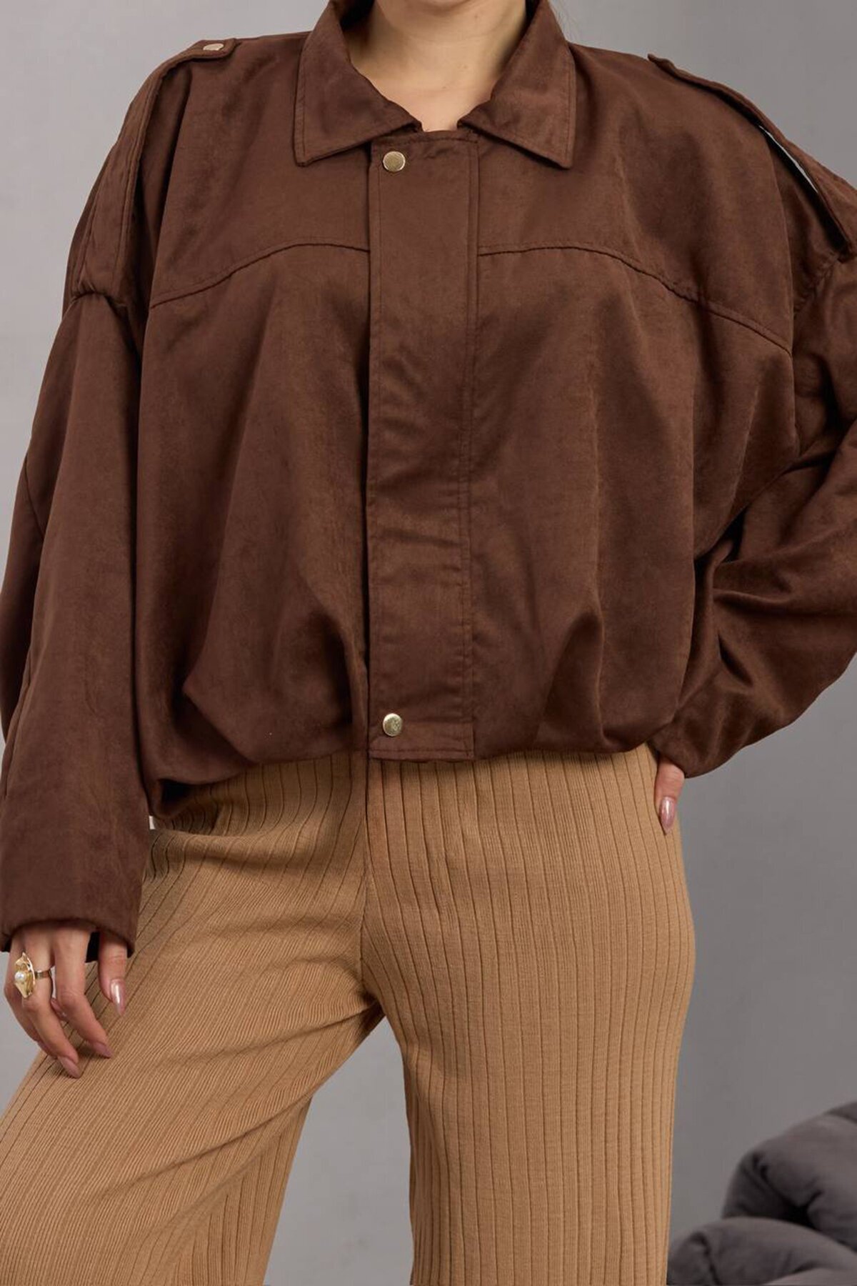 Kemer Detaylı Fermuar Kapamalı Astarlı Bomber Süet Ceket