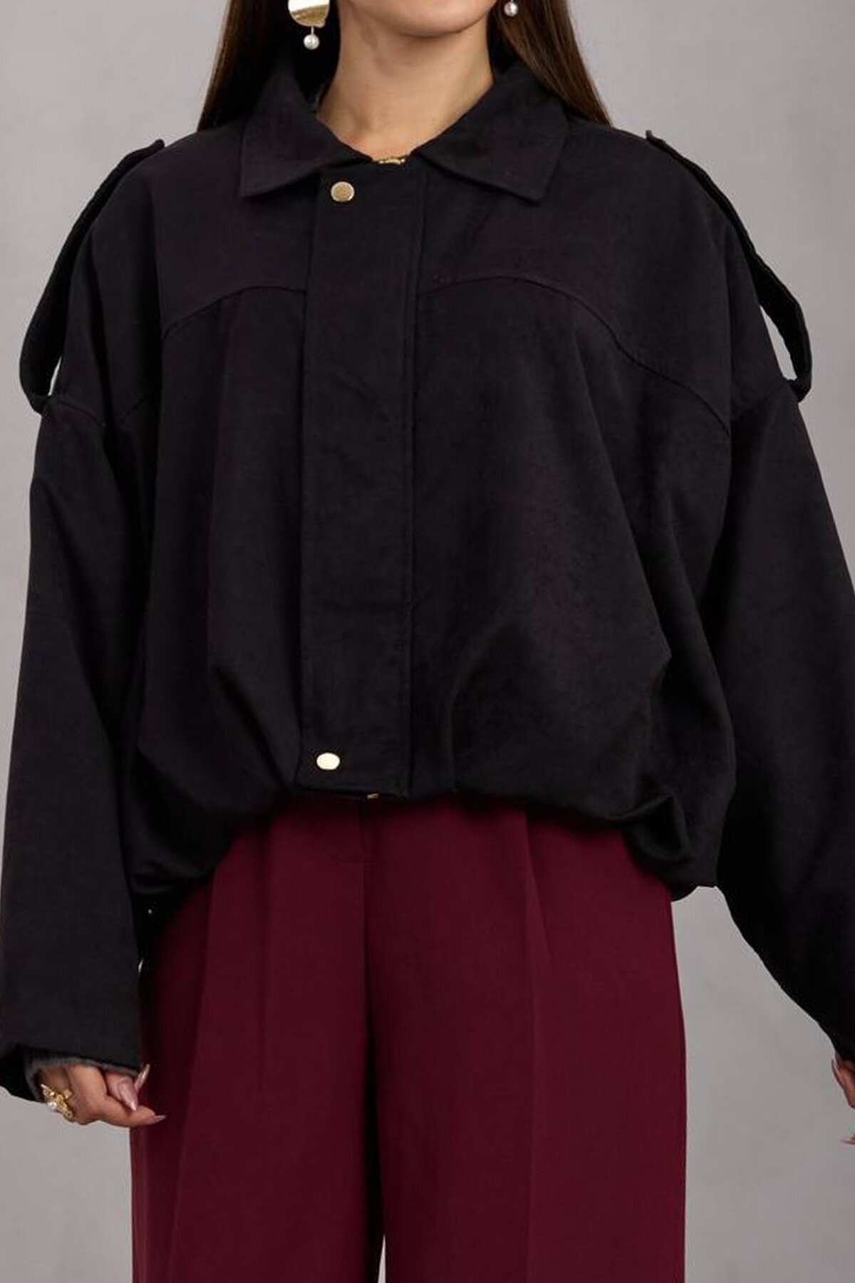 Kemer Detaylı Fermuar Kapamalı Astarlı Bomber Süet Ceket