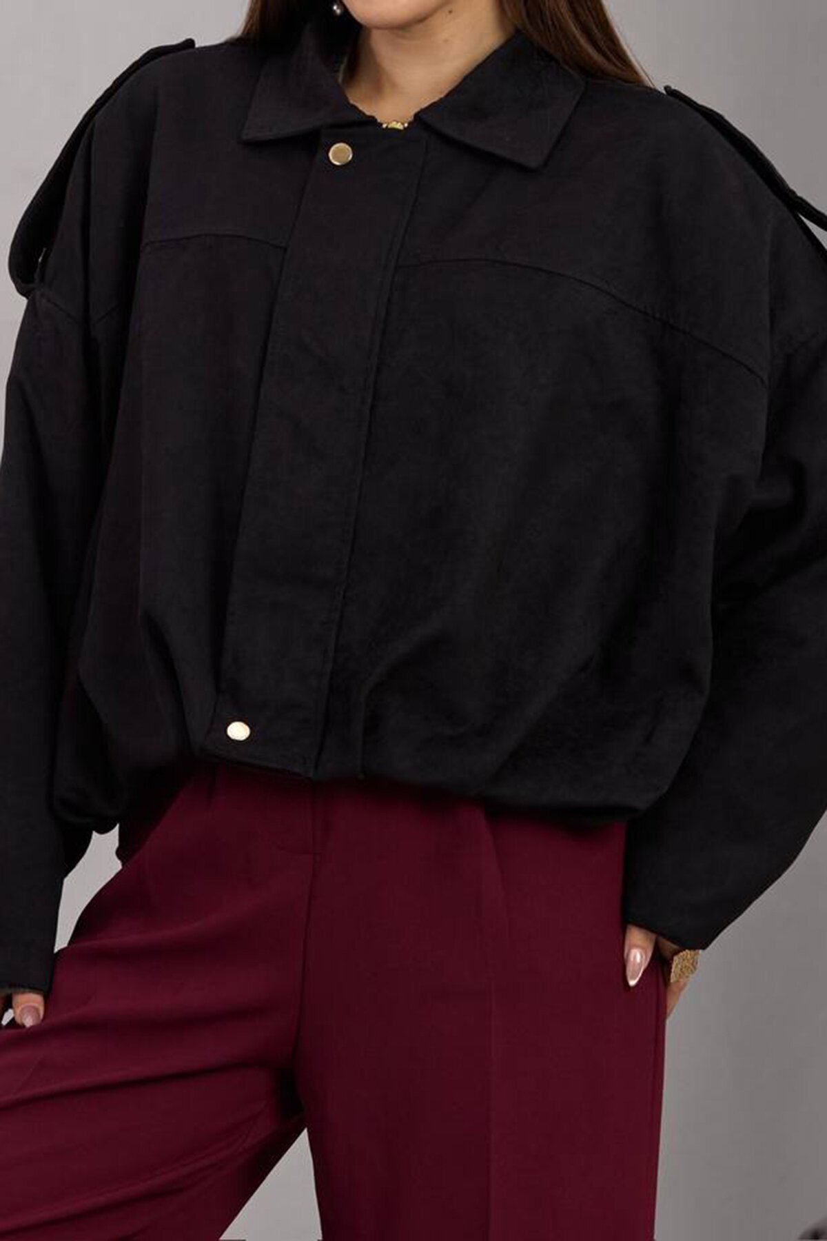 Kemer Detaylı Fermuar Kapamalı Astarlı Bomber Süet Ceket