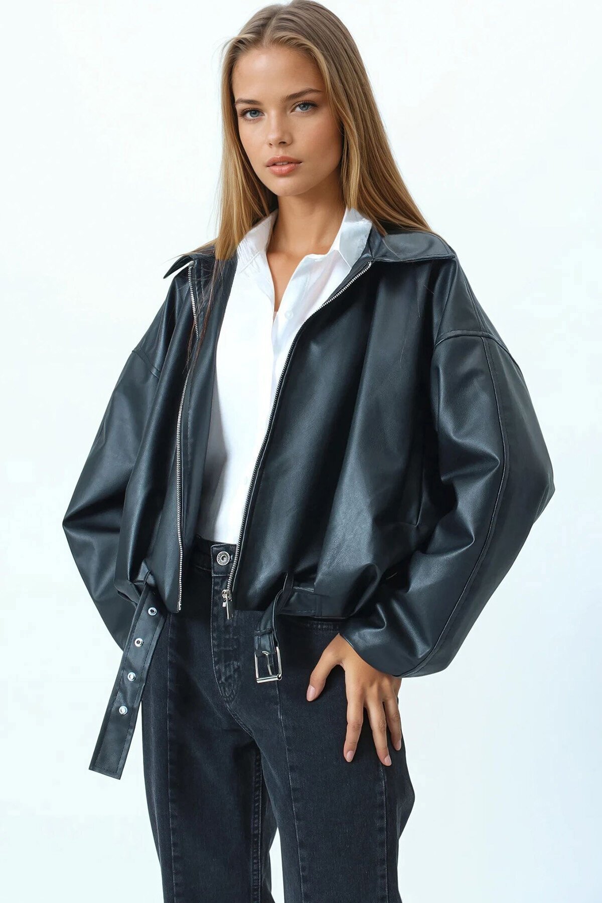 Kemer Detaylı Fermuar Kapamalı Bomber Ceket