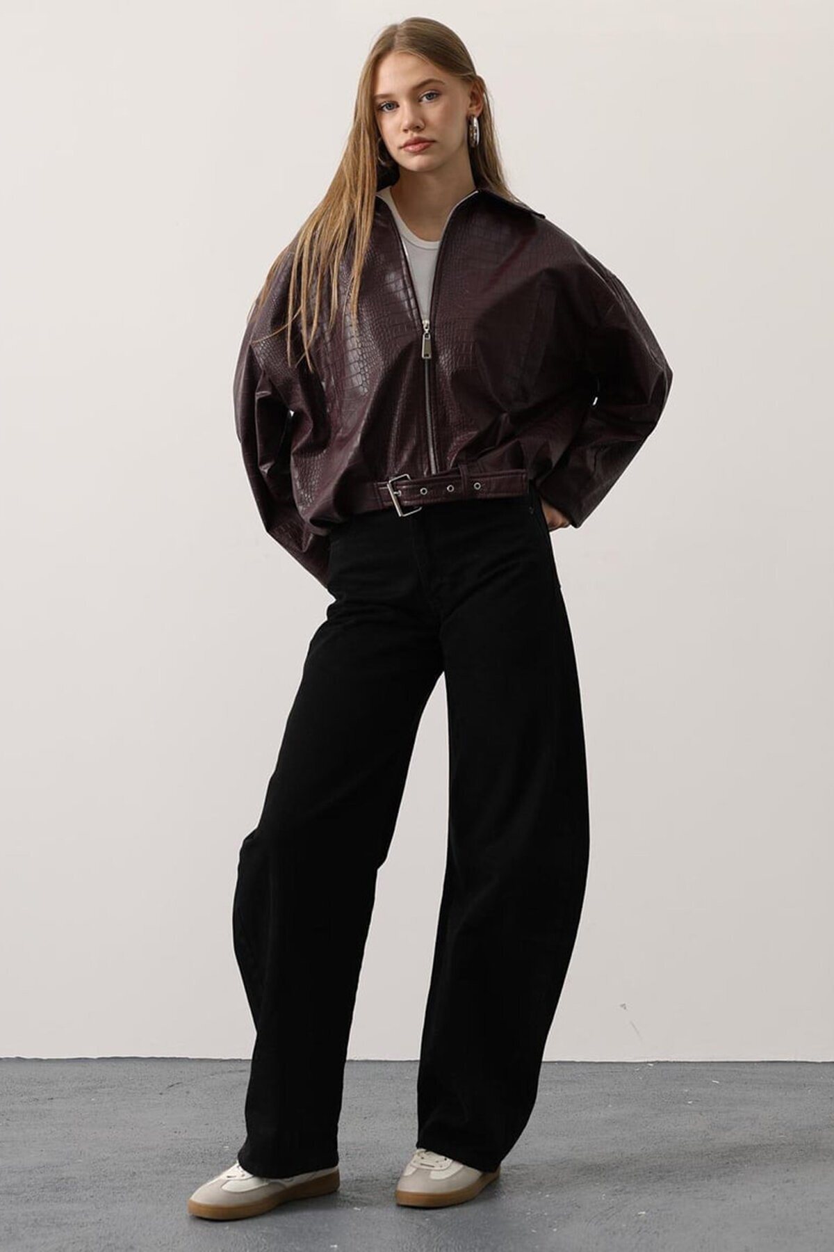 Kemer Detaylı Suni Deri Bomber Ceket