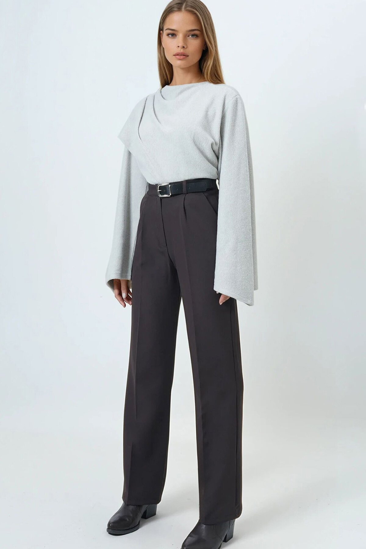 Kemerli Düğme Kapamalı Çift Cepli Palazzo Pantolon