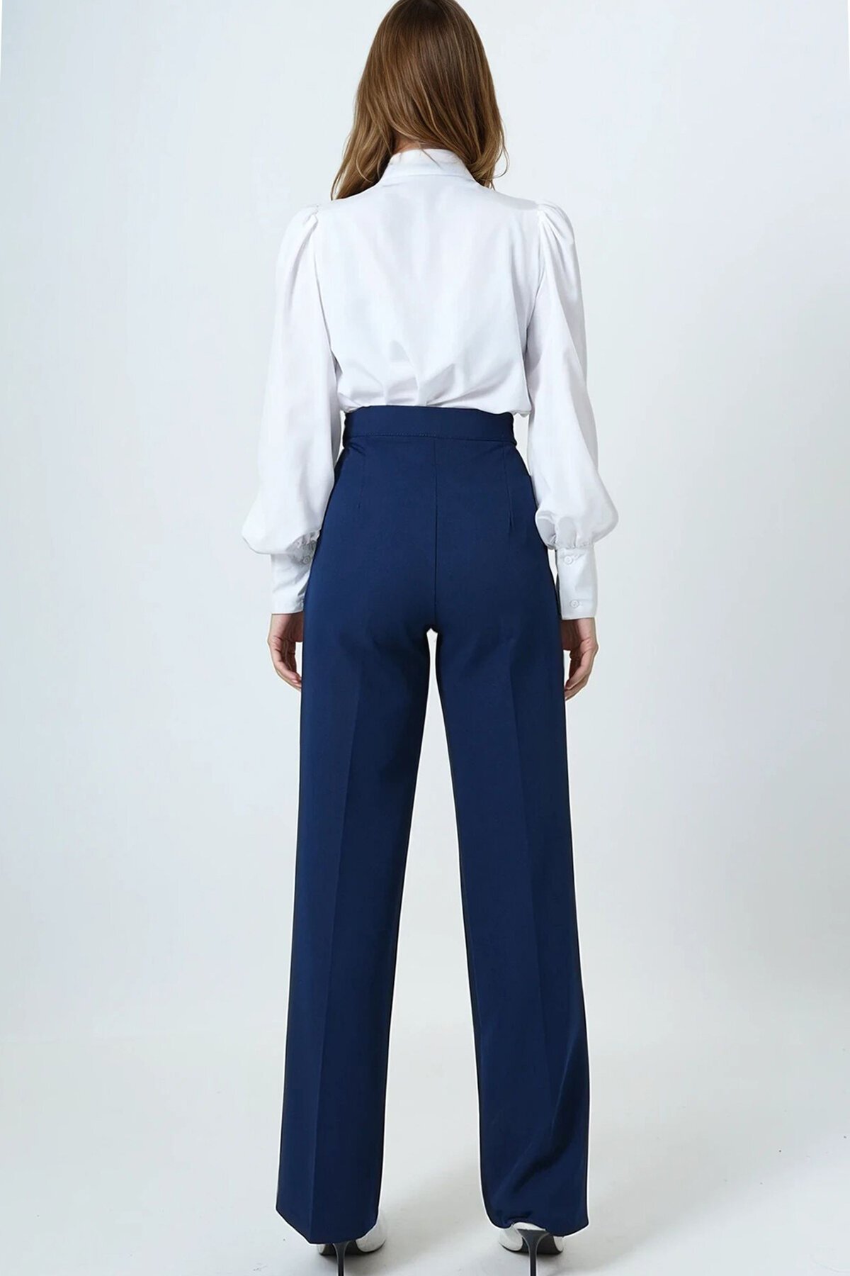Kemerli Düğme Kapamalı Çift Cepli Palazzo Pantolon