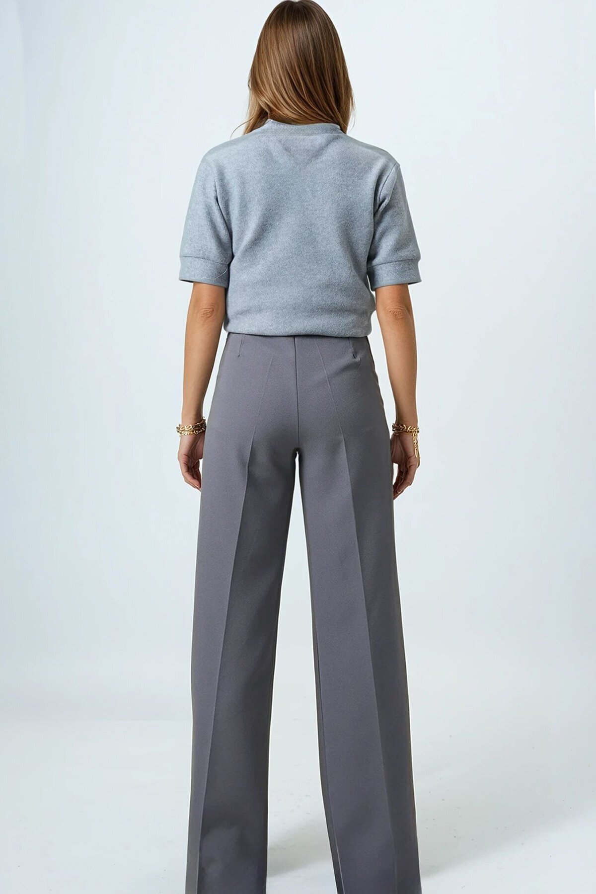 Kemerli Düğme Kapamalı Çift Cepli Palazzo Pantolon