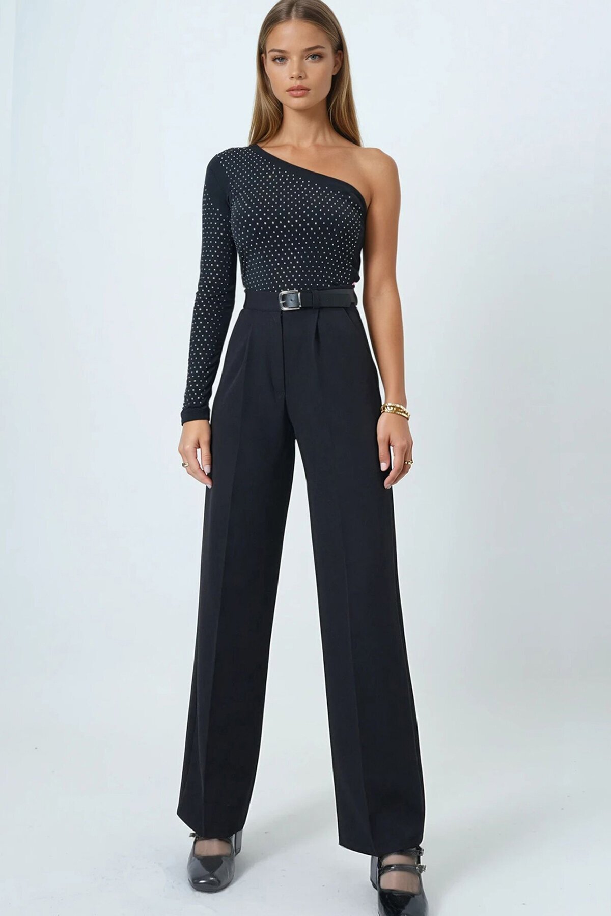 Kemerli Düğme Kapamalı Çift Cepli Palazzo Pantolon