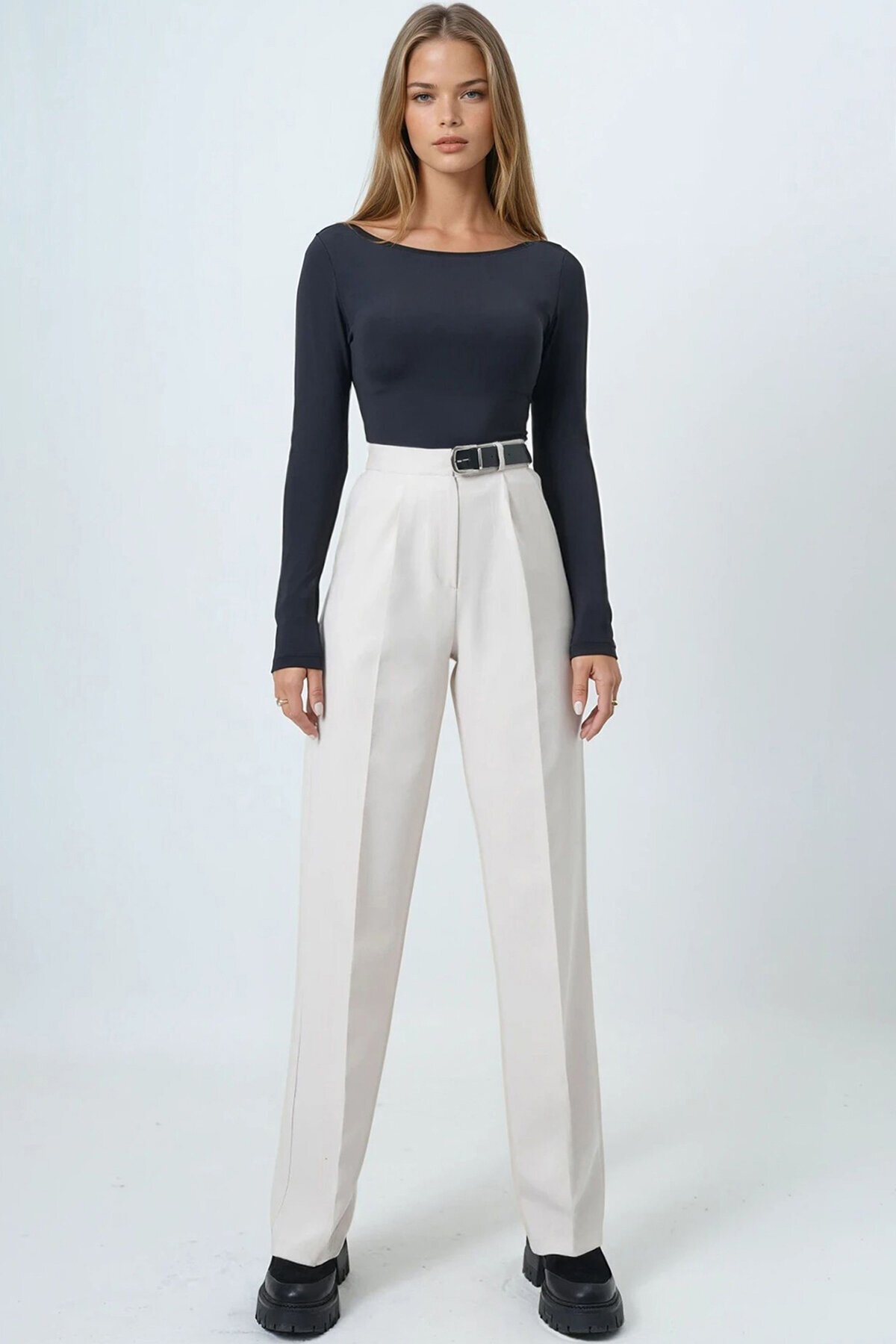 Kemerli Düğme Kapamalı Çift Cepli Palazzo Pantolon