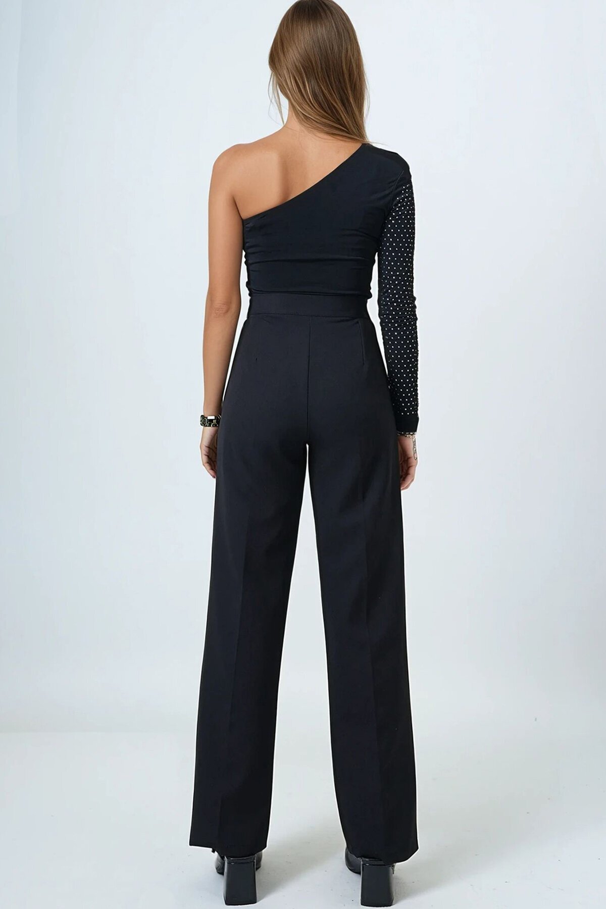 Kemerli Düğme Kapamalı Çift Cepli Palazzo Pantolon