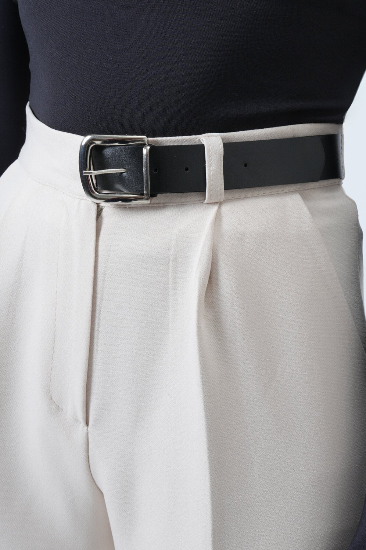 Kemerli Düğme Kapamalı Çift Cepli Palazzo Pantolon