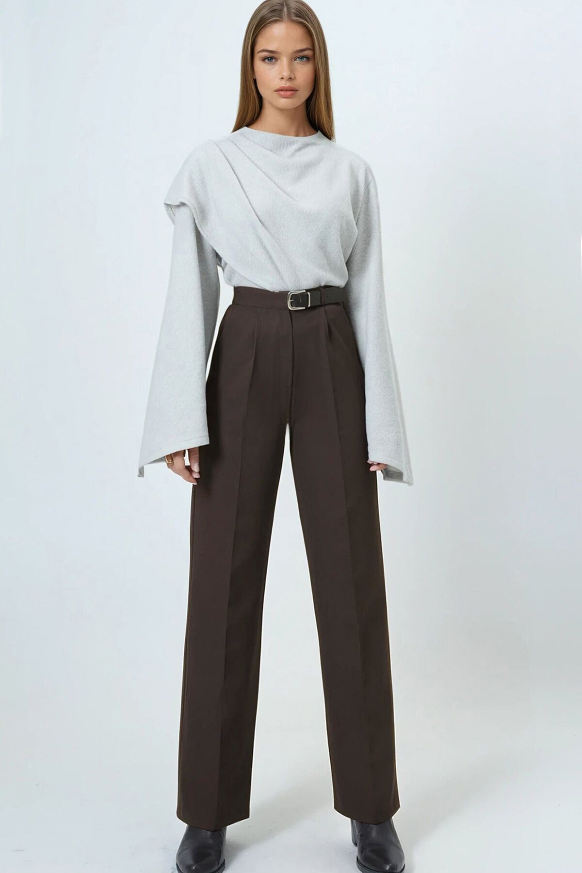 Kemerli Düğme Kapamalı Çift Cepli Palazzo Pantolon