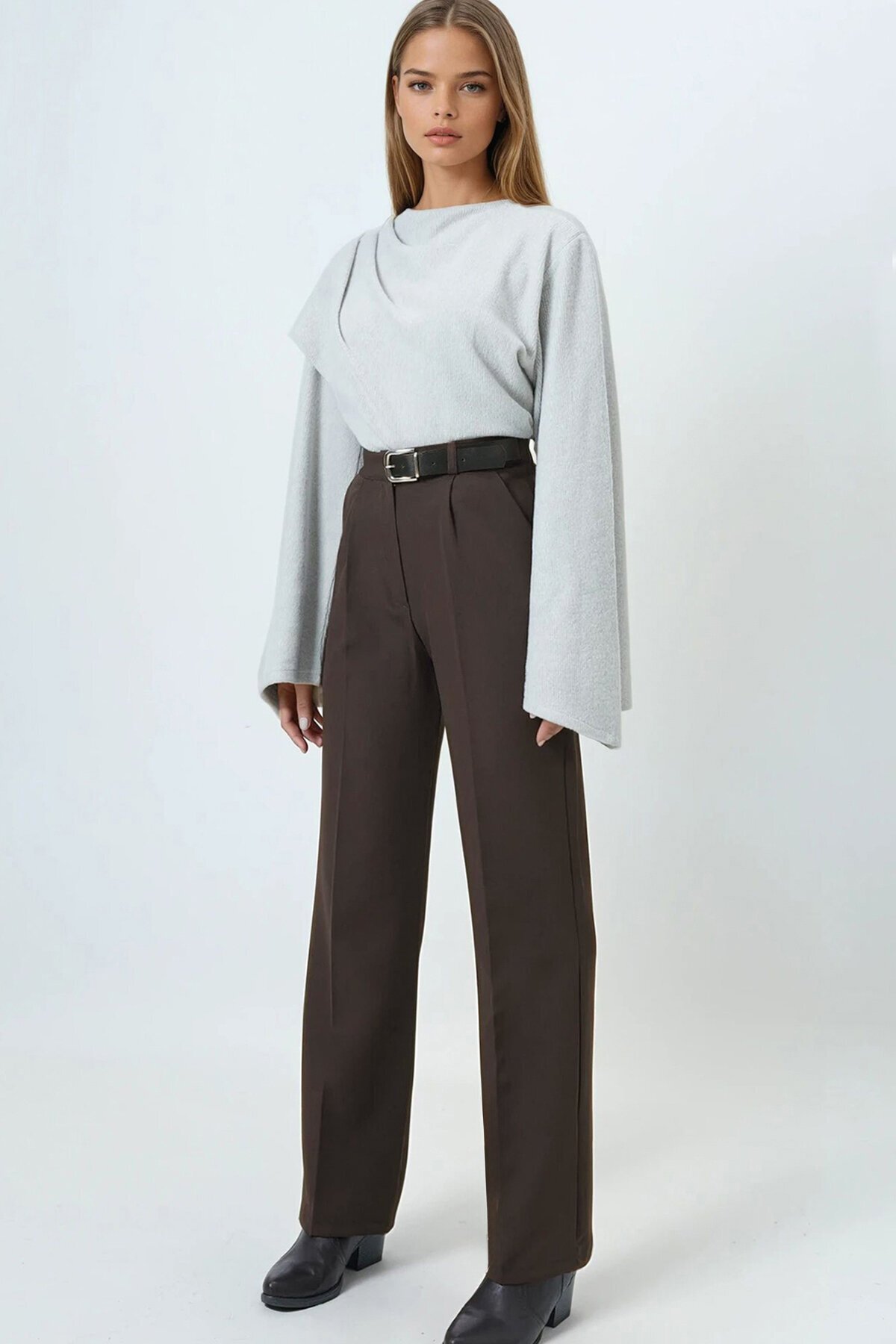 Kemerli Düğme Kapamalı Çift Cepli Palazzo Pantolon