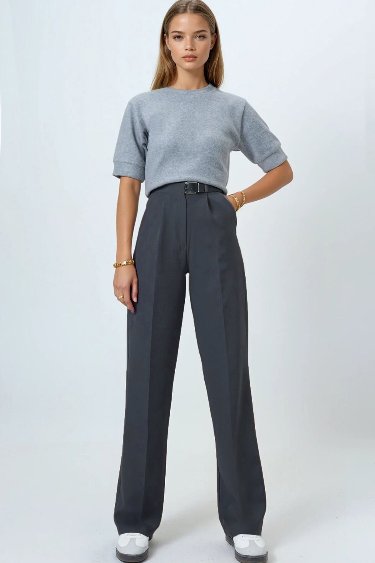 Kemerli Düğme Kapamalı Çift Cepli Palazzo Pantolon