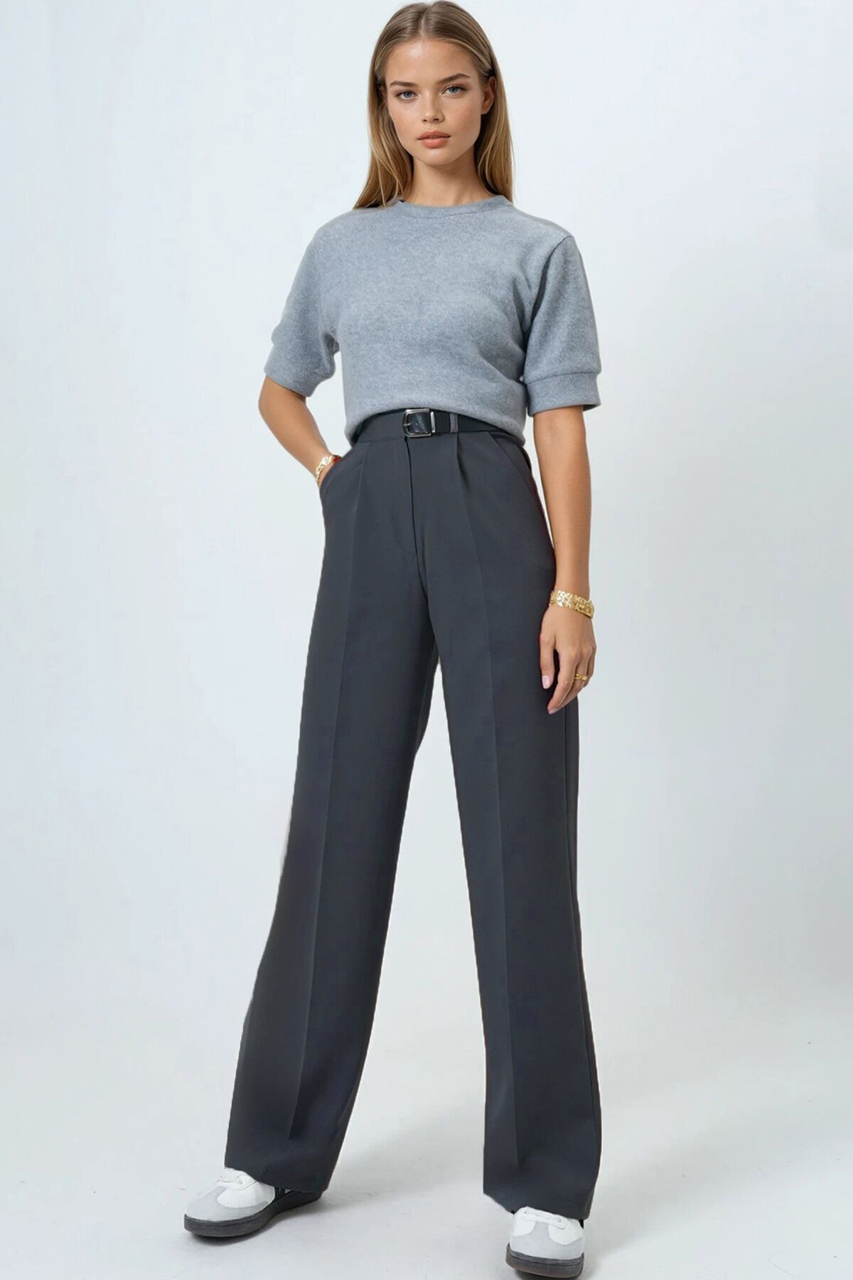 Kemerli Düğme Kapamalı Çift Cepli Palazzo Pantolon