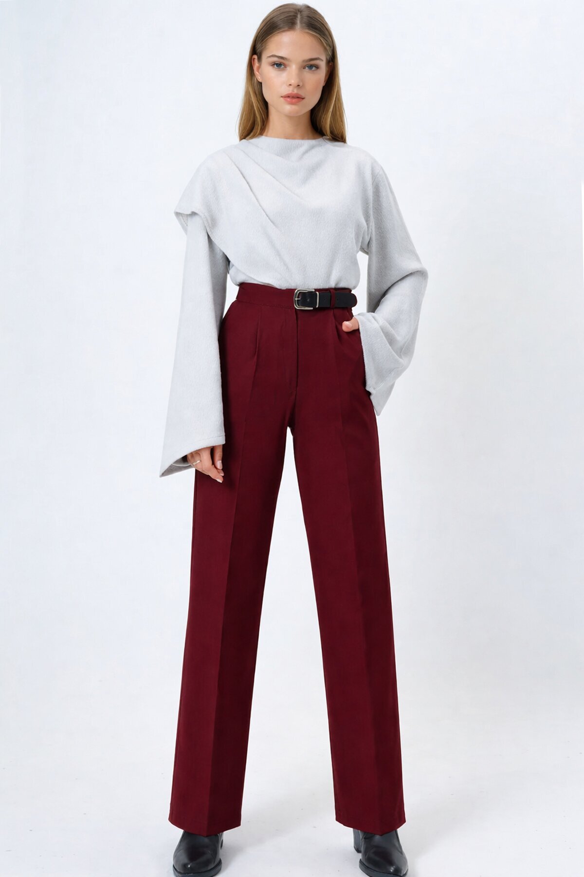 Kemerli Düğme Kapamalı Çift Cepli Palazzo Pantolon