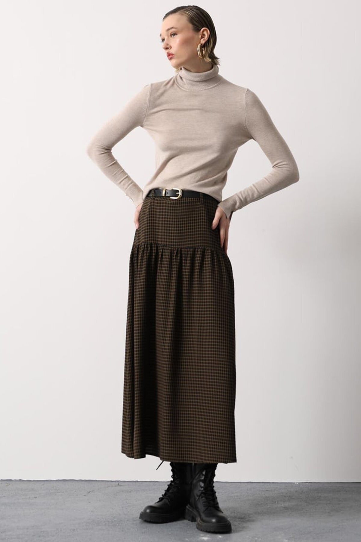 Kemerli Ekoseli Pileli Midi Boy Etek