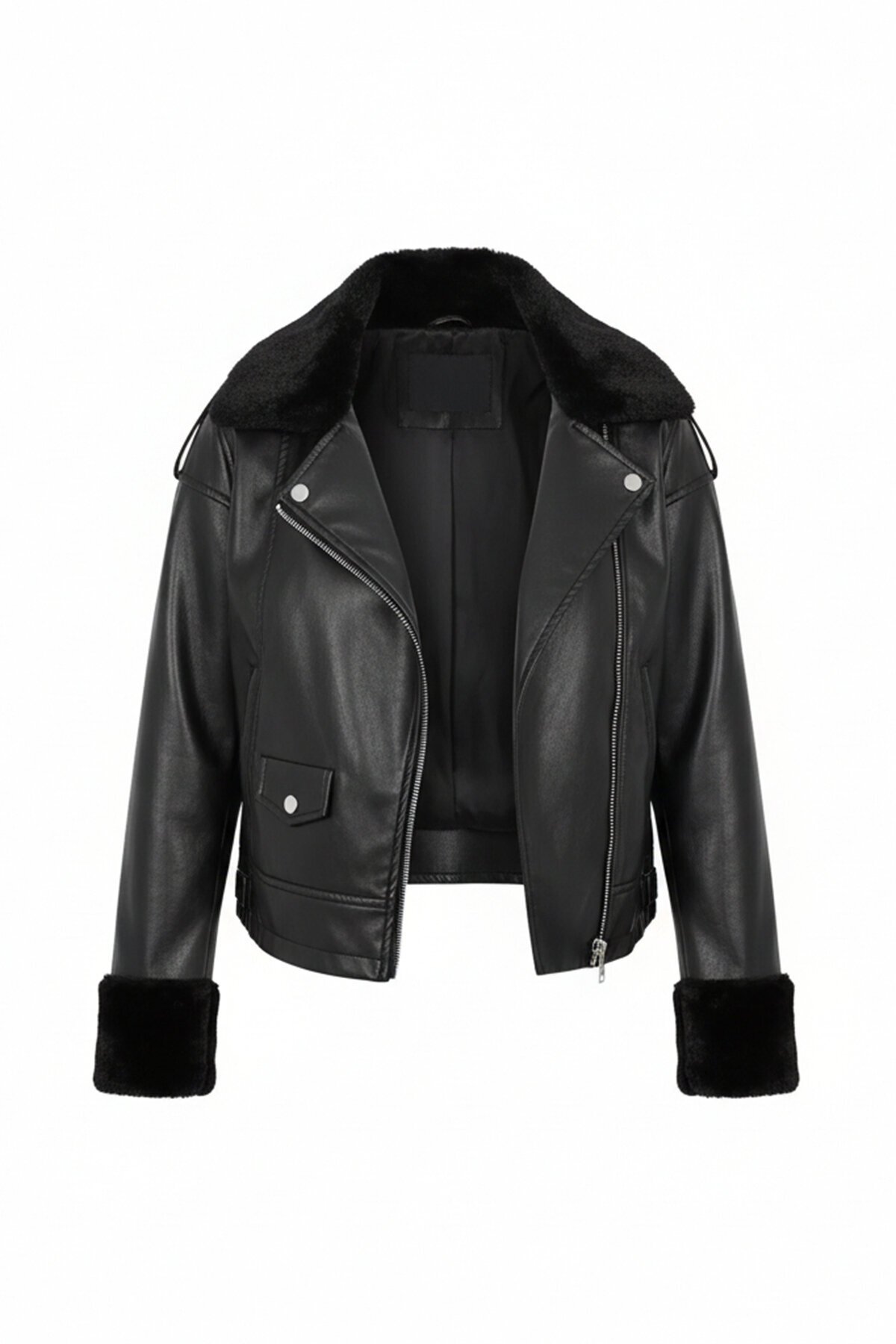 Kolları ve Yakası Peluş Fermuar Kapamalı Suni Deri Ceket
