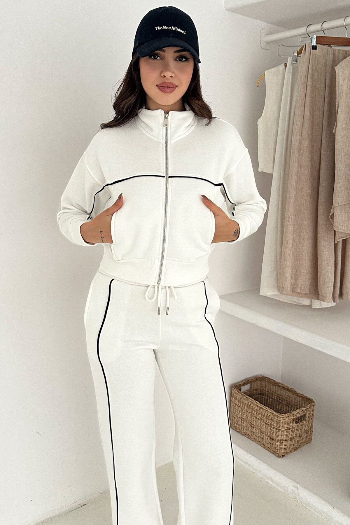 Kontrast Dikişli Fermuarlı Crop Sweat Ve Geniş Paça Eşofman Takım
