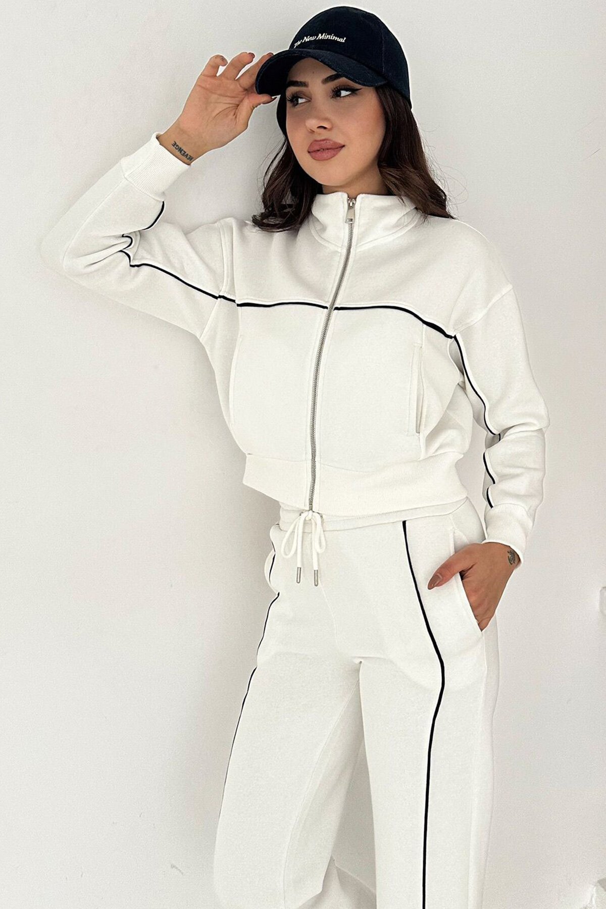 Kontrast Dikişli Fermuarlı Crop Sweat Ve Geniş Paça Eşofman Takım