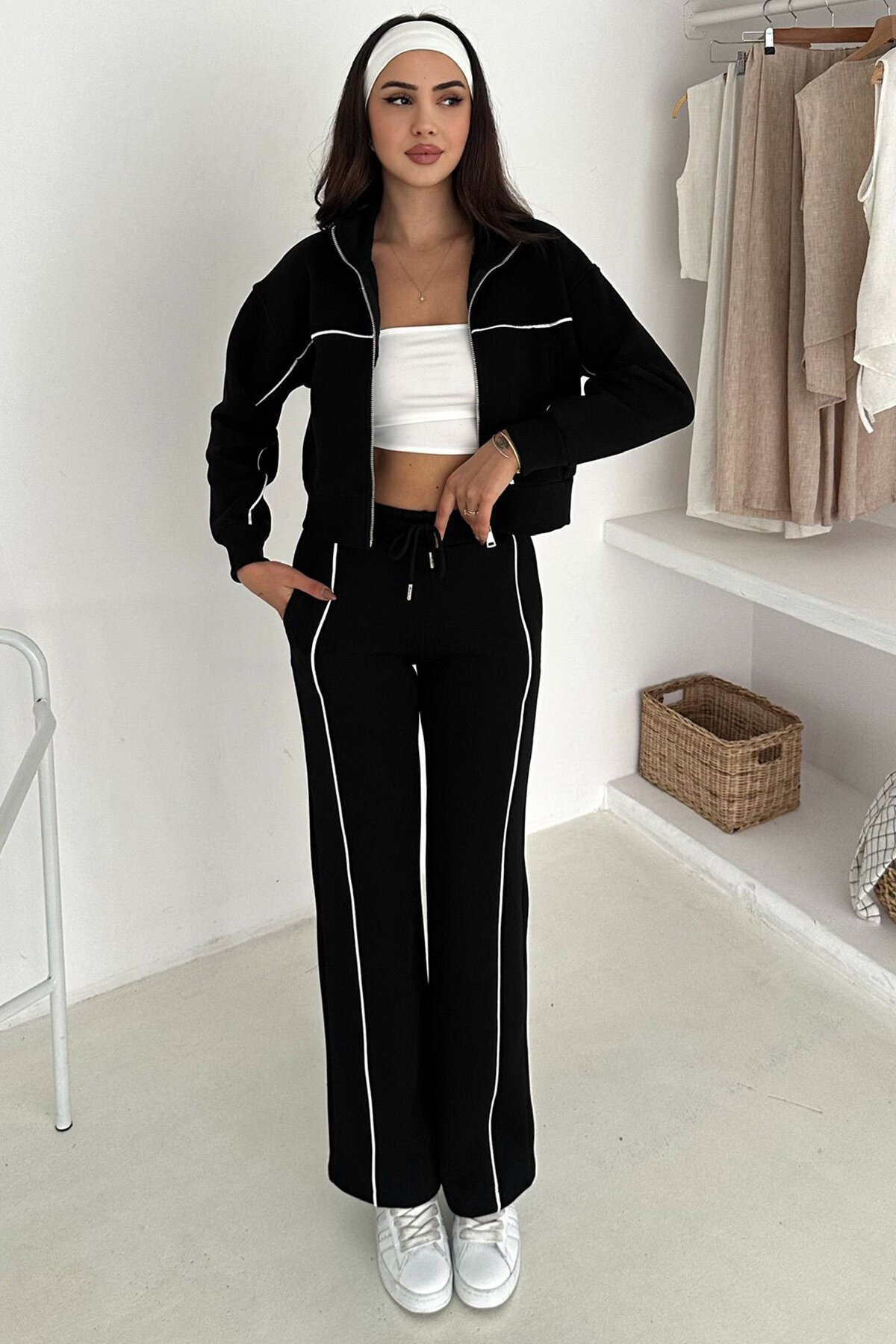 Kontrast Dikişli Fermuarlı Crop Sweat Ve Geniş Paça Eşofman Takım