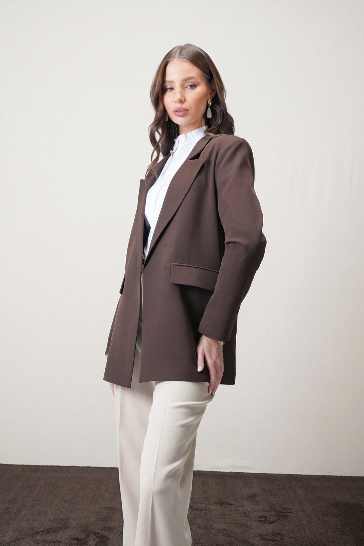 Kahverengi Kontrastlı Blazer Ceket