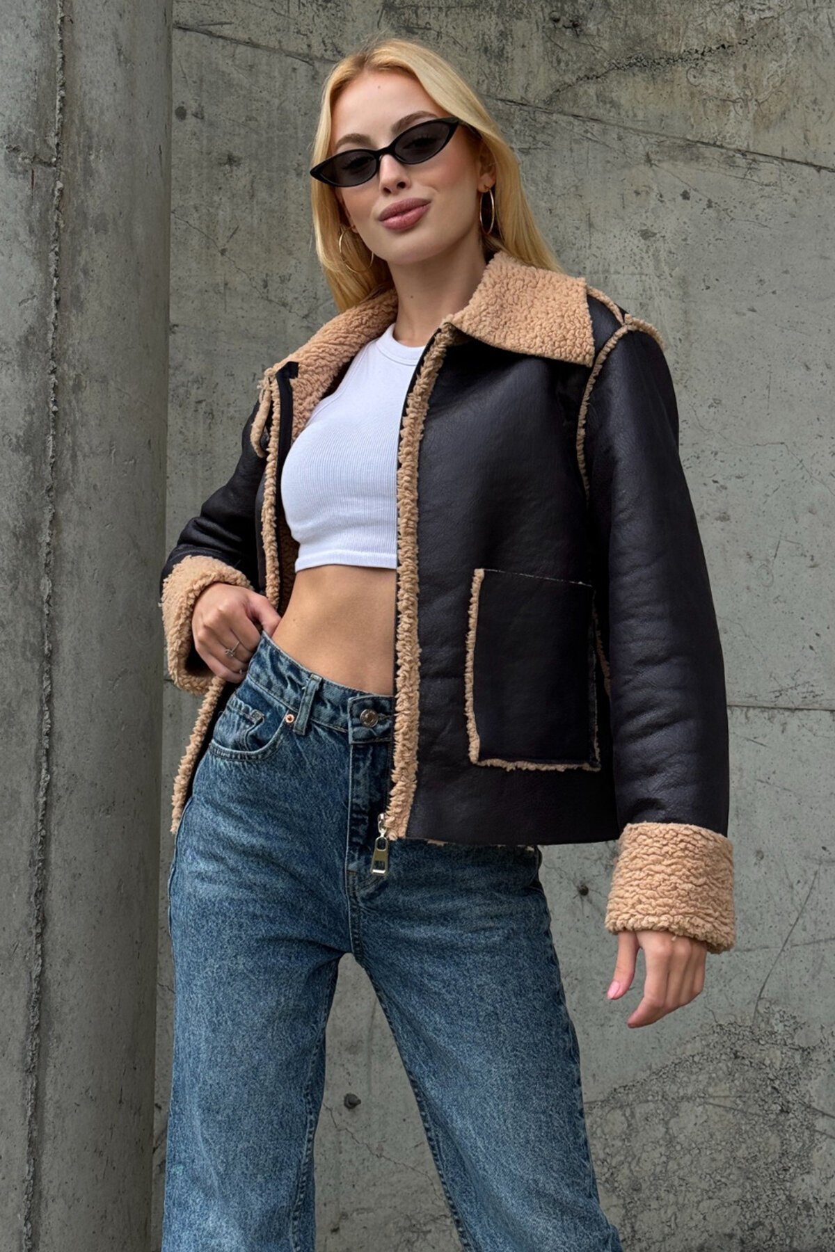 Koyu Kahve Çift Cepli İçi Suni Kürklü Suni Deri Biker Ceket