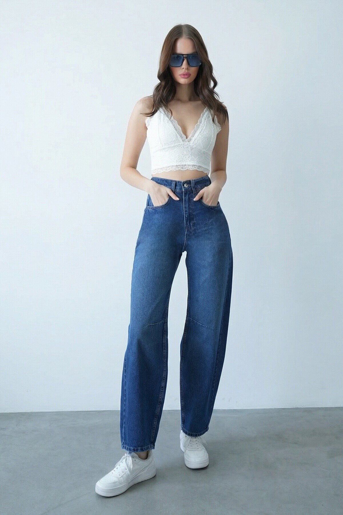 Koyu Mavi 5 Cepli Bol Paça Baggy Jean