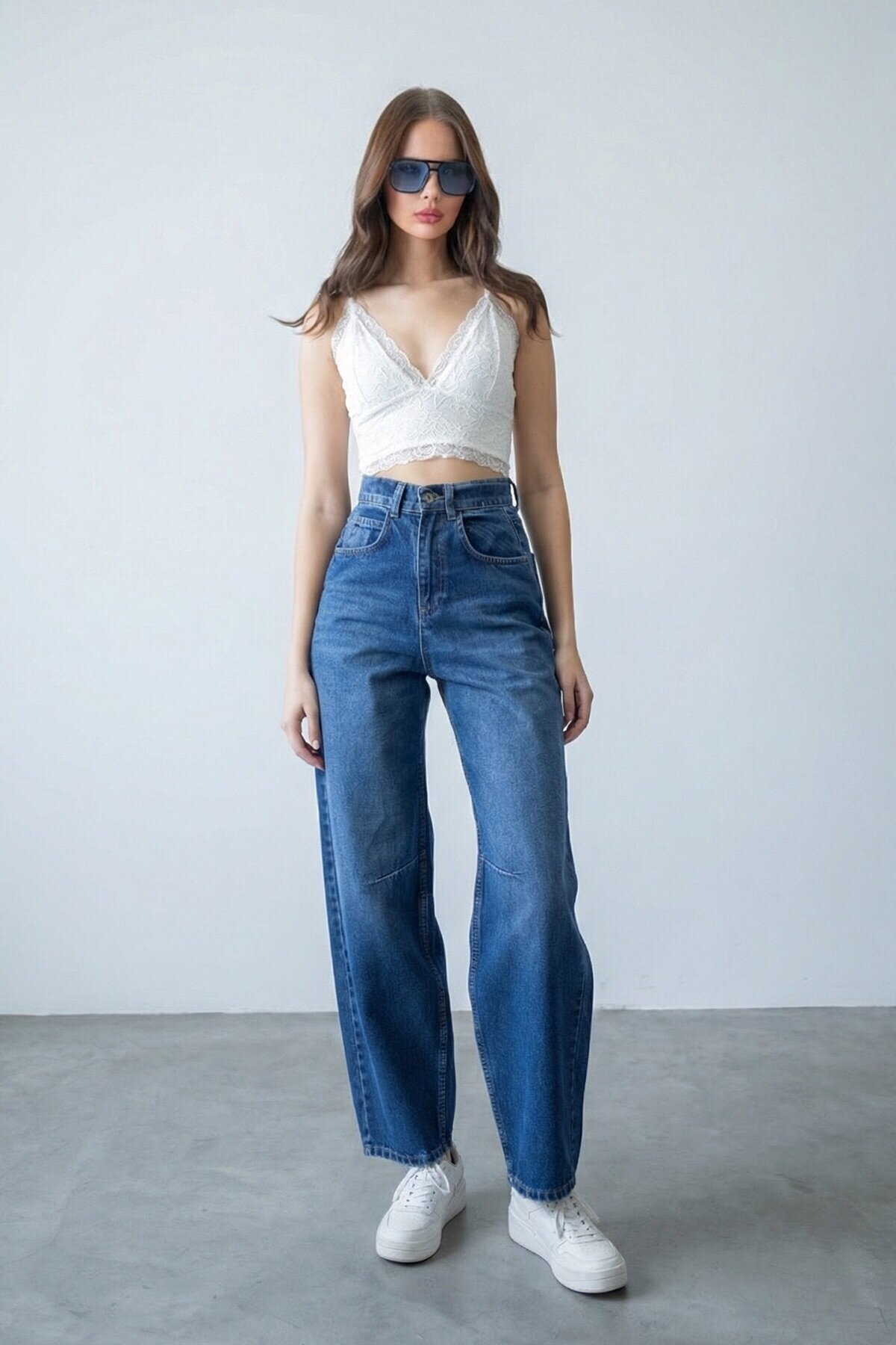 Koyu Mavi 5 Cepli Bol Paça Baggy Jean