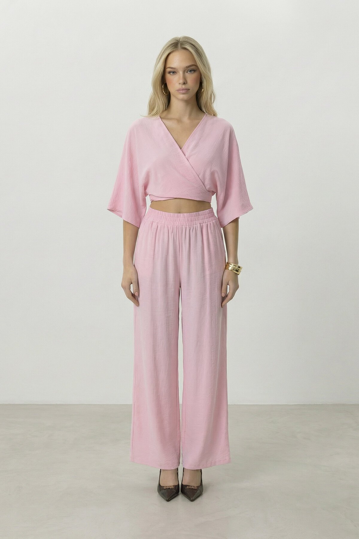 Kruvaze Yaka Bluz Ve Pantolon Takım